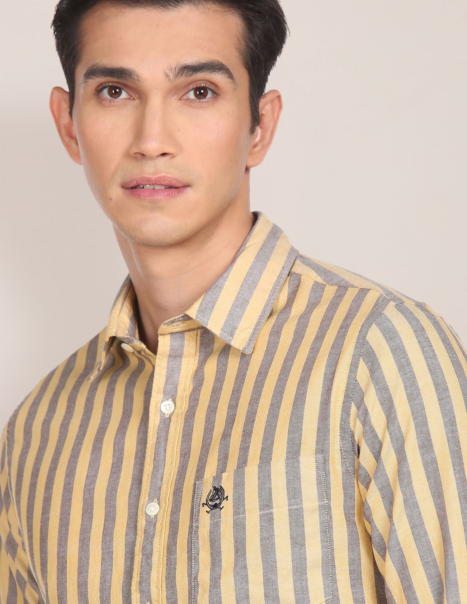 Men Yellow And Grey Pure Cotton Striped Casual Shirt Yellow and Grey - U.S. POLO ASSN. | Large