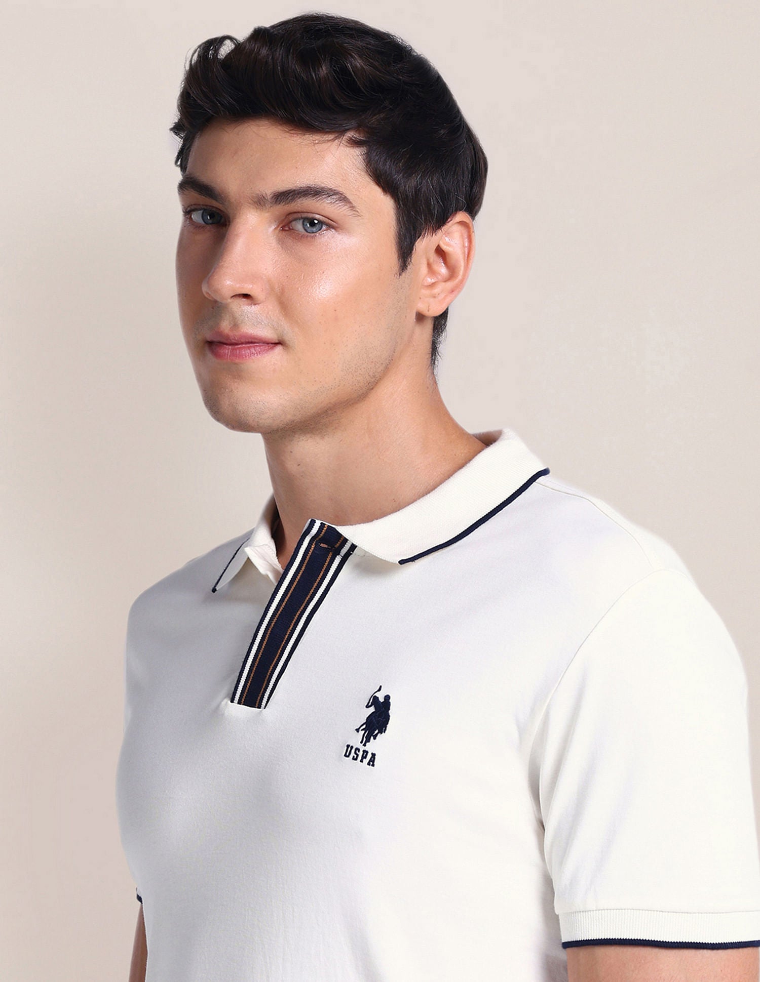 Stripe Placket Slim Polo Shirt Off White - U.S. Polo Assn. India | Large
