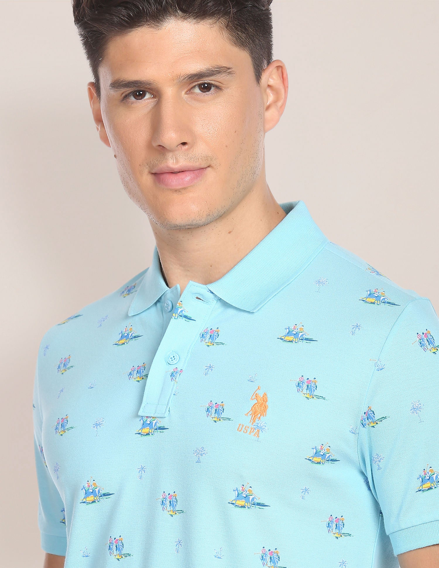 Brand Print Cotton Polo Shirt Aqua - U.S. POLO ASSN. | Large