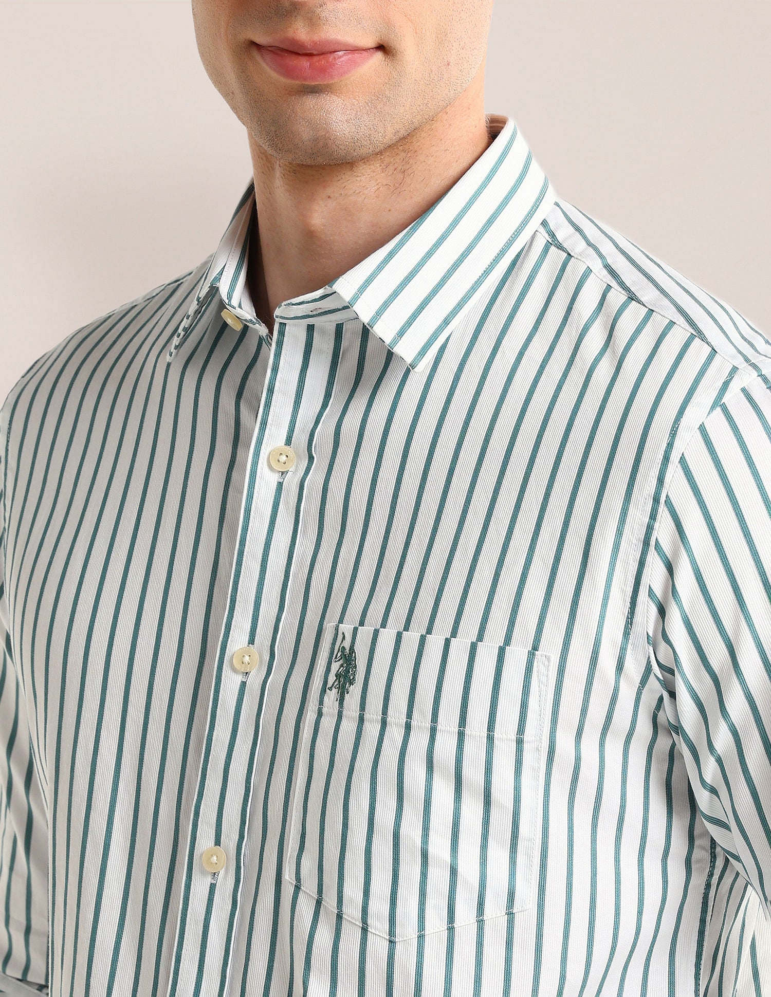 Tailored Fit Vertical Striped Shirt Off-White - U.S. Polo Assn. India | Large