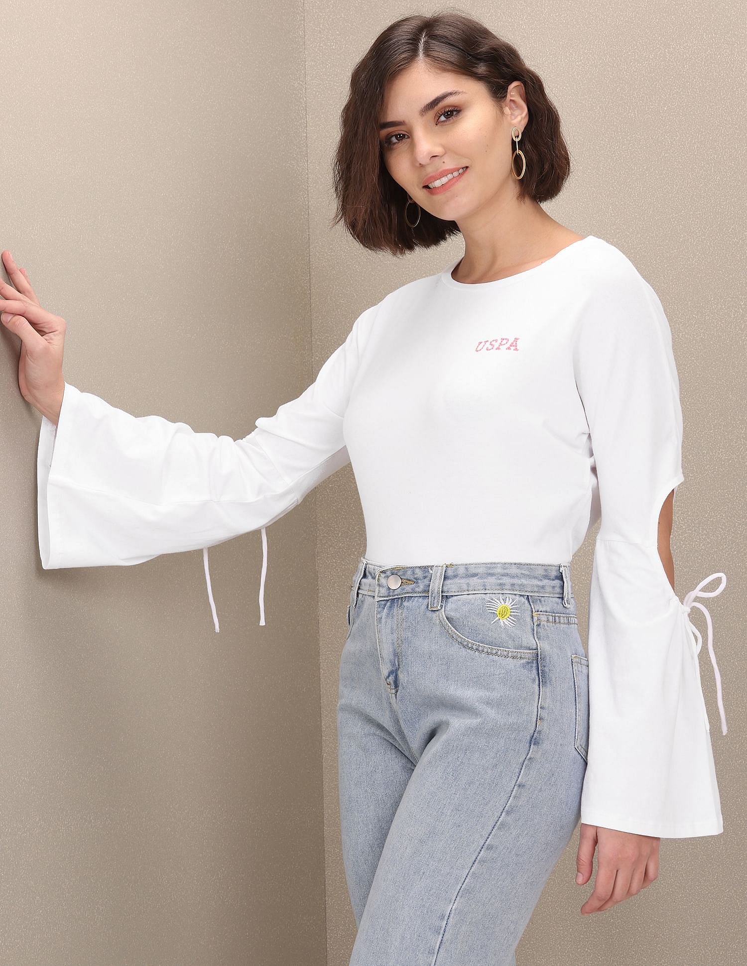 Round Neck Peasant Tie-Up Puff Sleeve Top White - U.S. Polo Assn. India | Large
