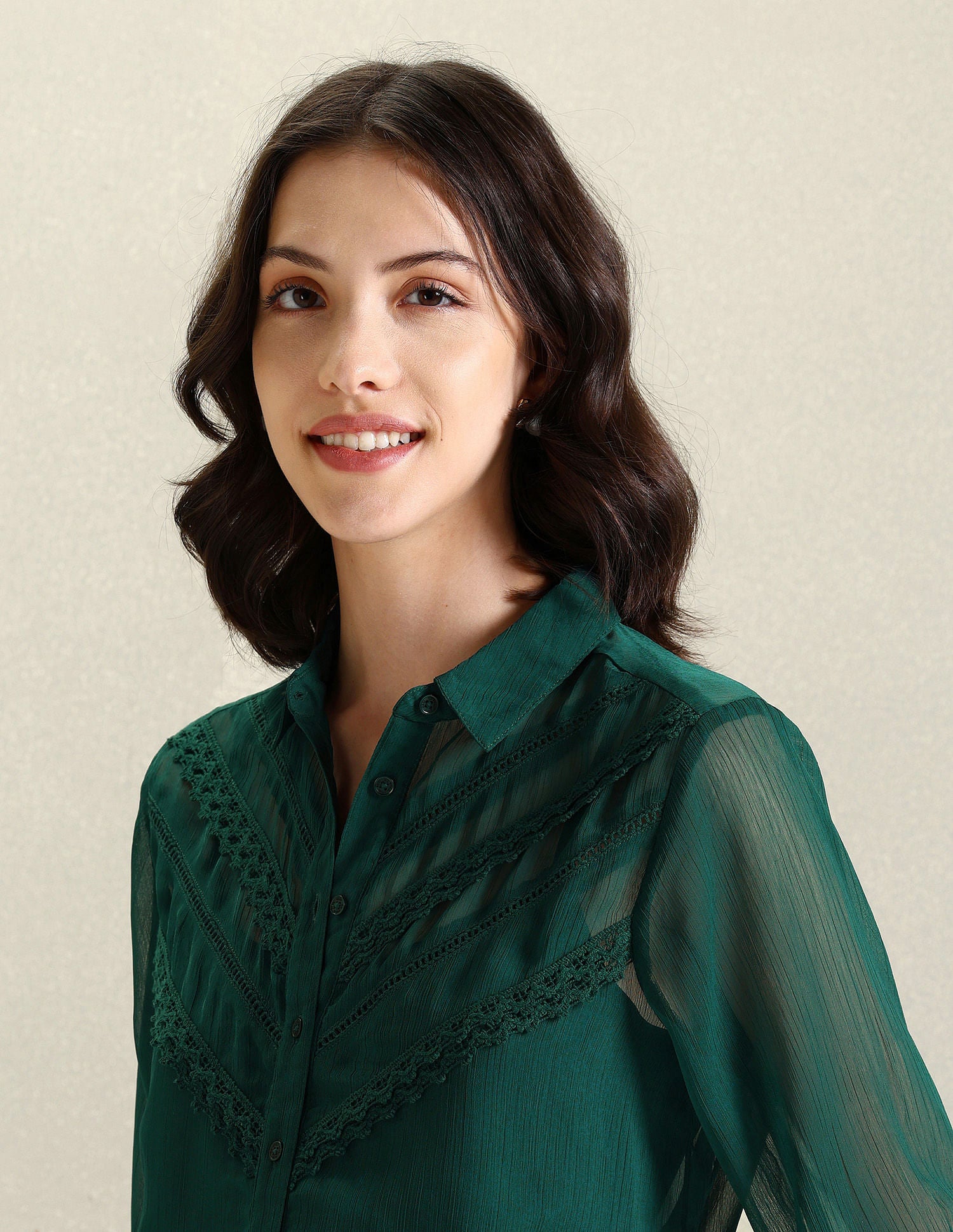 Lace Detail Chiffon Shirt Green - U.S. POLO ASSN. | Large