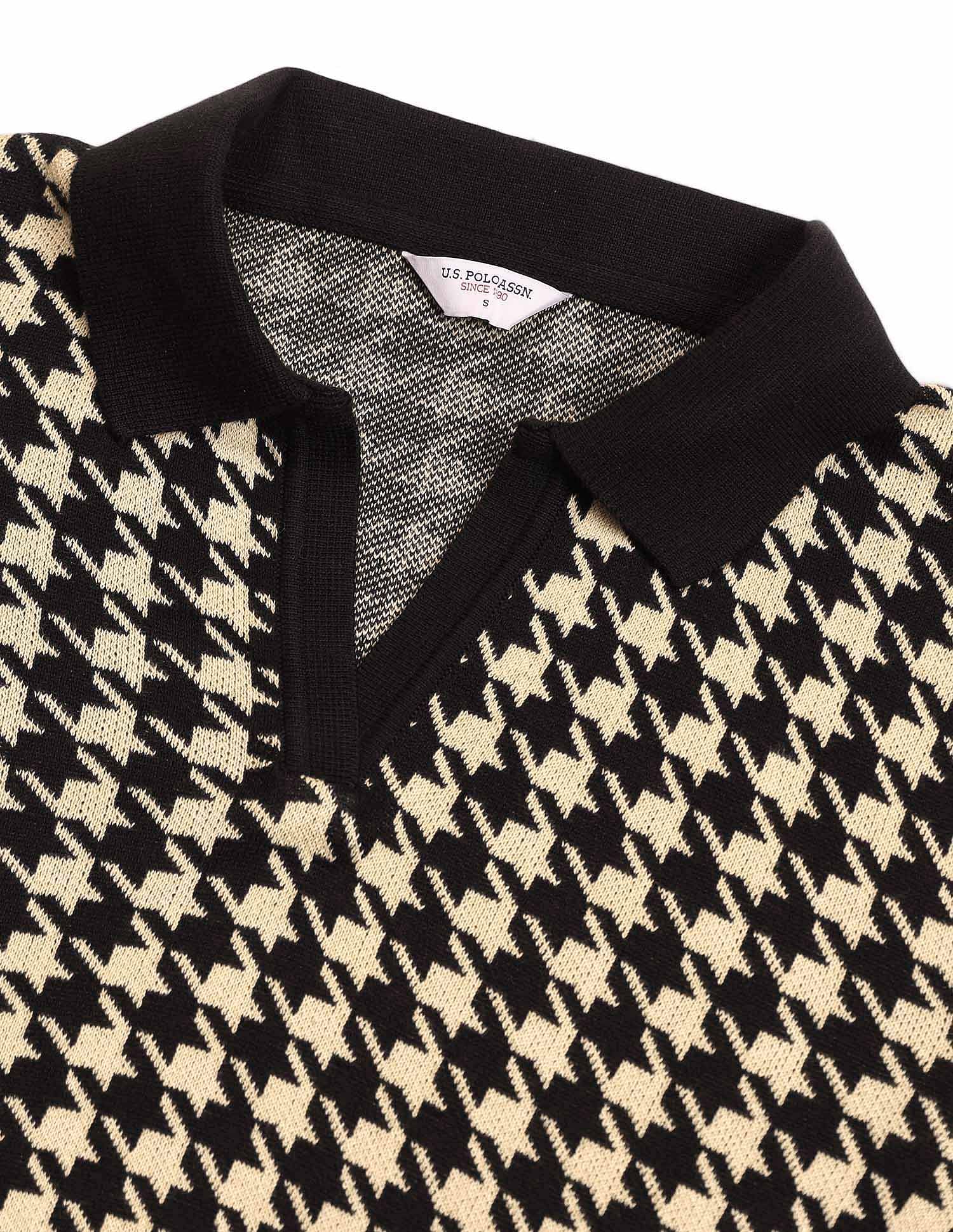 Flat Knit Polo With V Neck And Houndstooth Jacquard Pattern Black - U.S. Polo Assn. India | Large