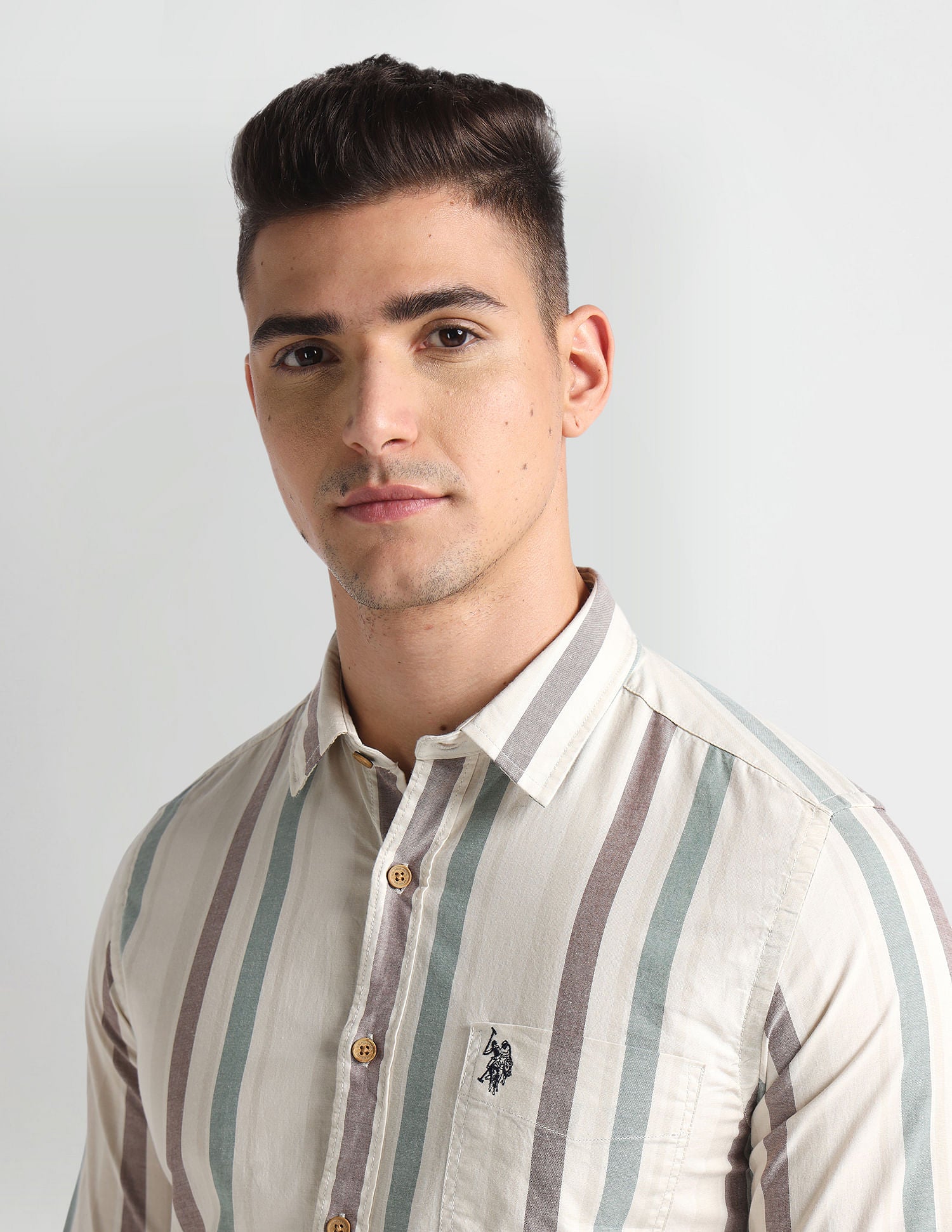 Vertical Stripe Slim Fit Shirt Green, White and Brown - U.S. Polo Assn. India | Large