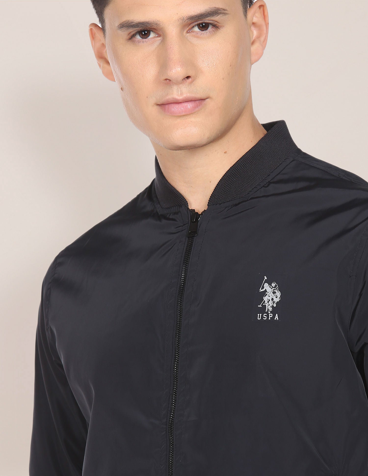 Men Black Solid Stand Collar Bomber Jacket Black - U.S. Polo Assn. India | Large