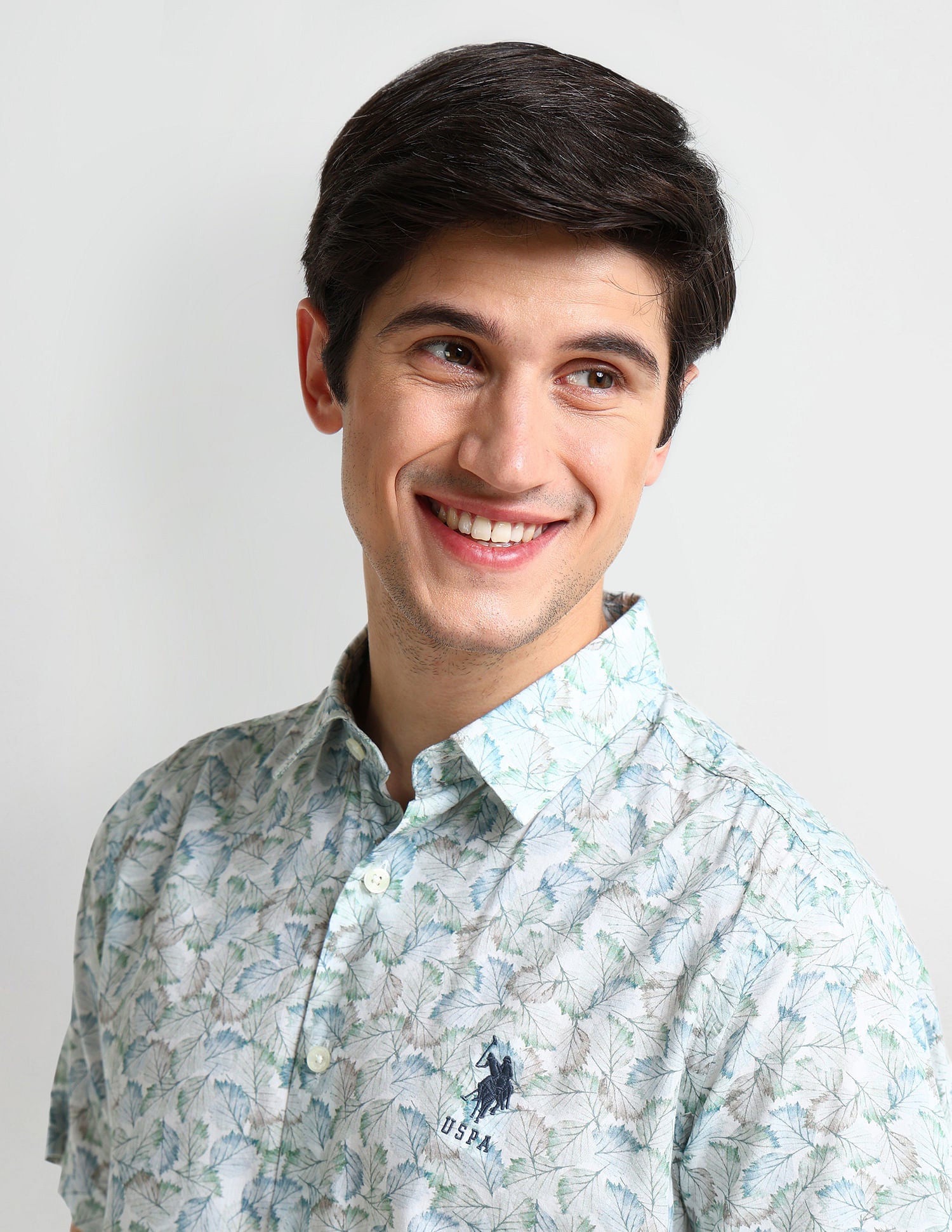 Tropical Print Slim Fit Shirt White and Aqua - U.S. Polo Assn. India | Large