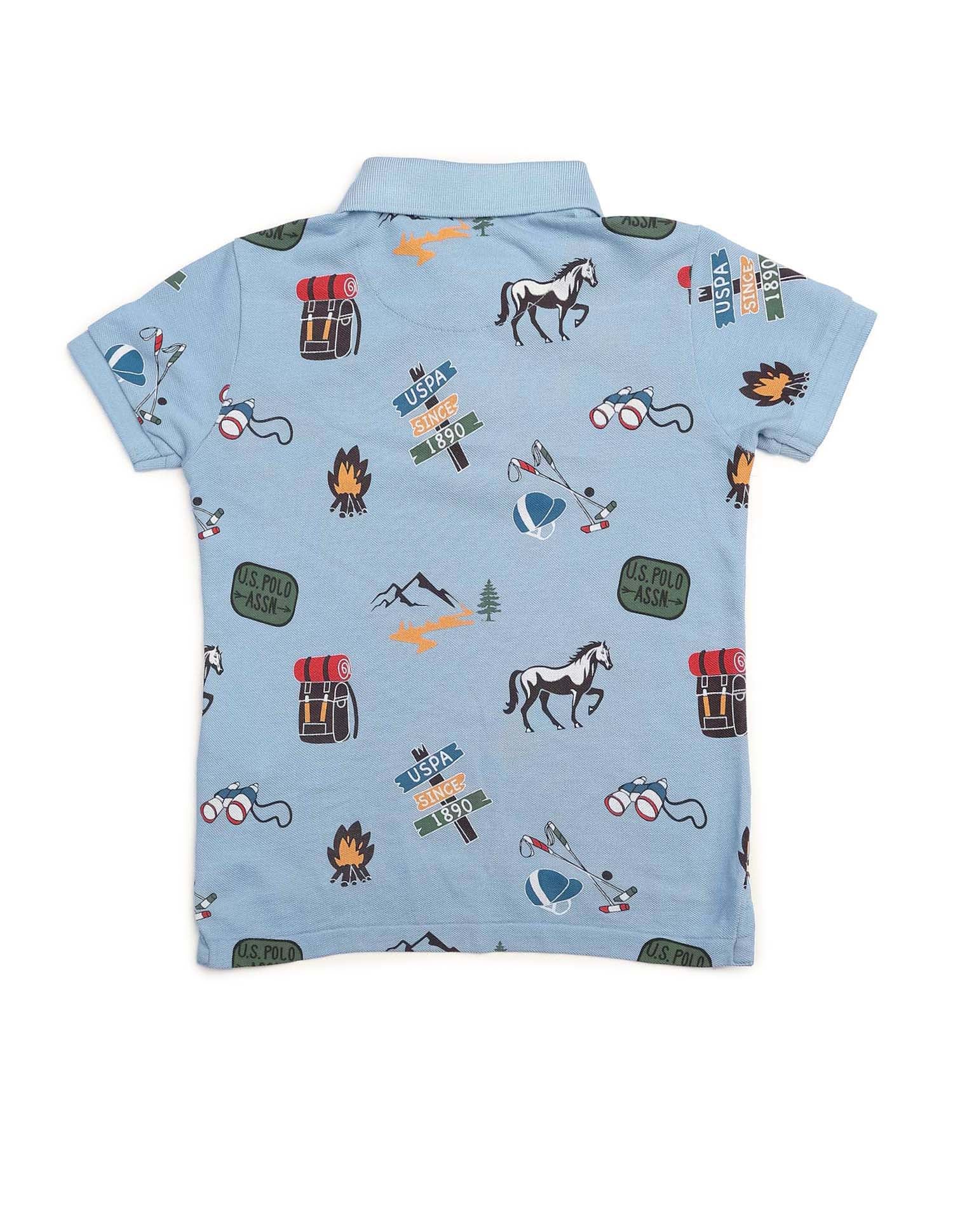 Boys All Over Printed Pure Cotton Polo Shirt Blue - U.S. POLO ASSN. | Large