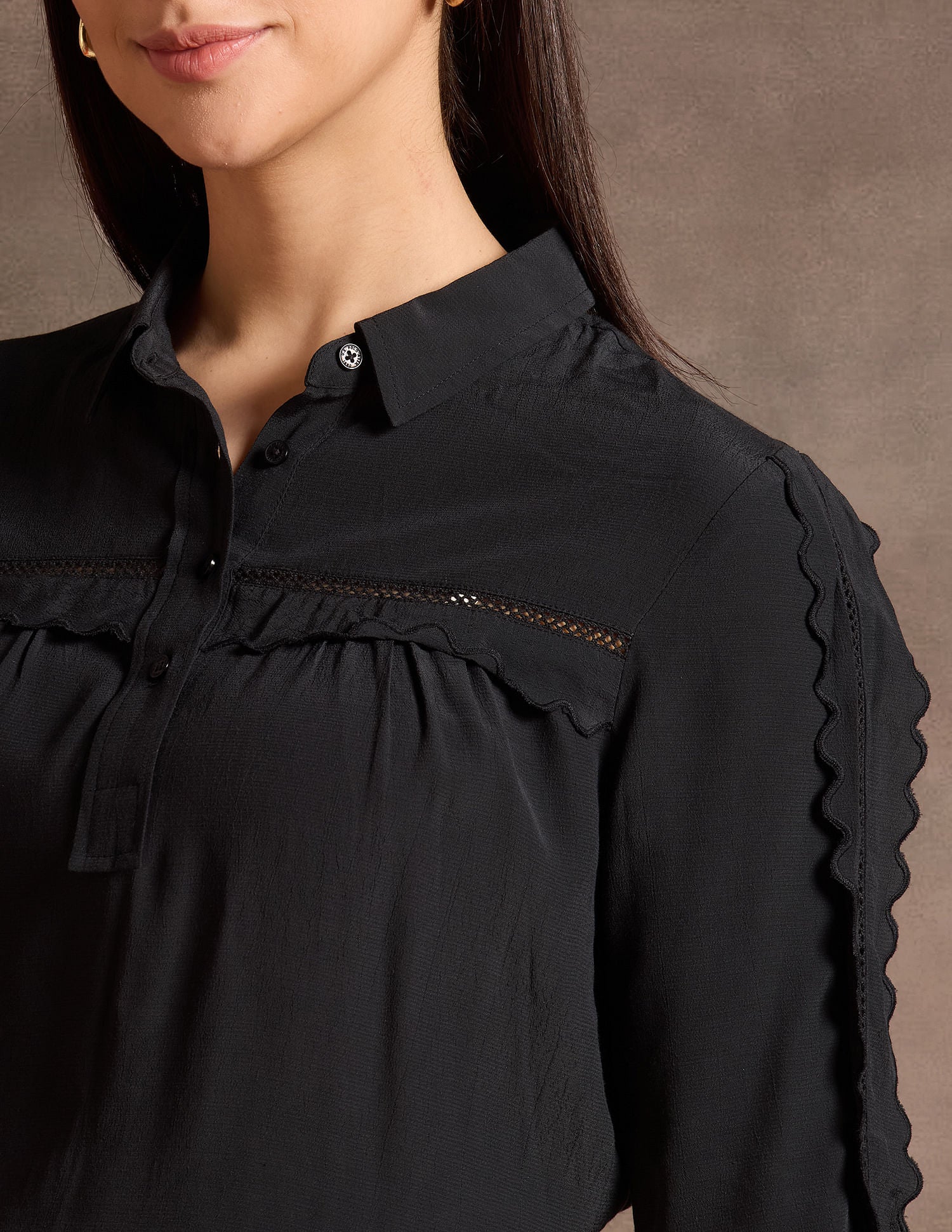 Scallop Lace Shirt Collar Top Black - U.S. POLO ASSN. | Large