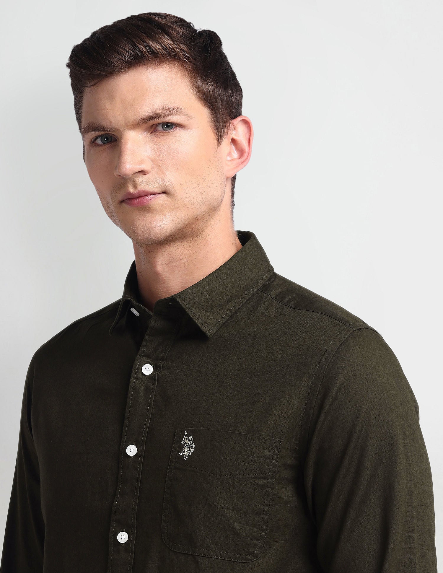 Semi Cutaway Collar Slim Fit Shirt Olive - U.S. Polo Assn. India | Large