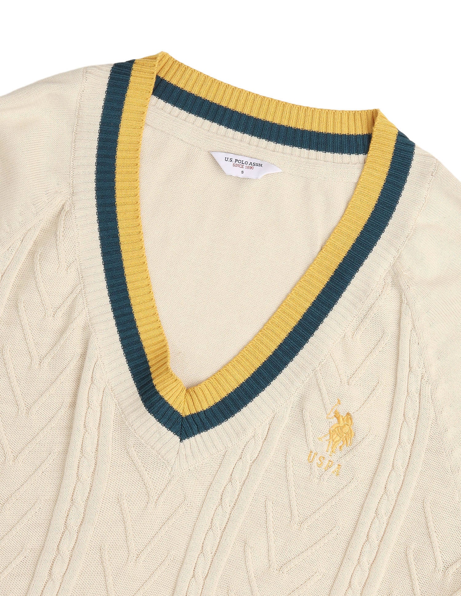 Cable Patterned Knit Regular Fit Sweater Ecru - U.S. Polo Assn. India | Large
