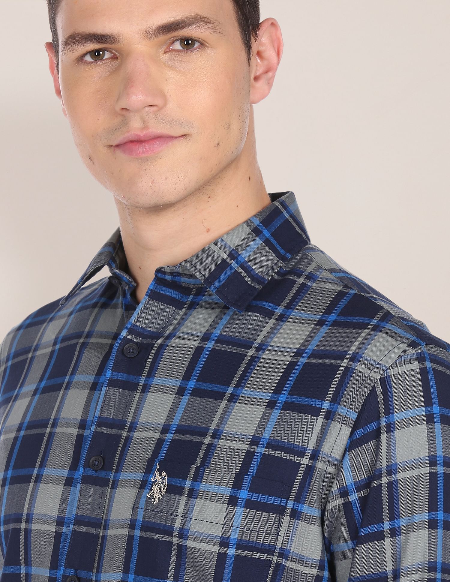 Tartan Check Herringbone Casual Shirt Navy - U.S. Polo Assn. India | Large
