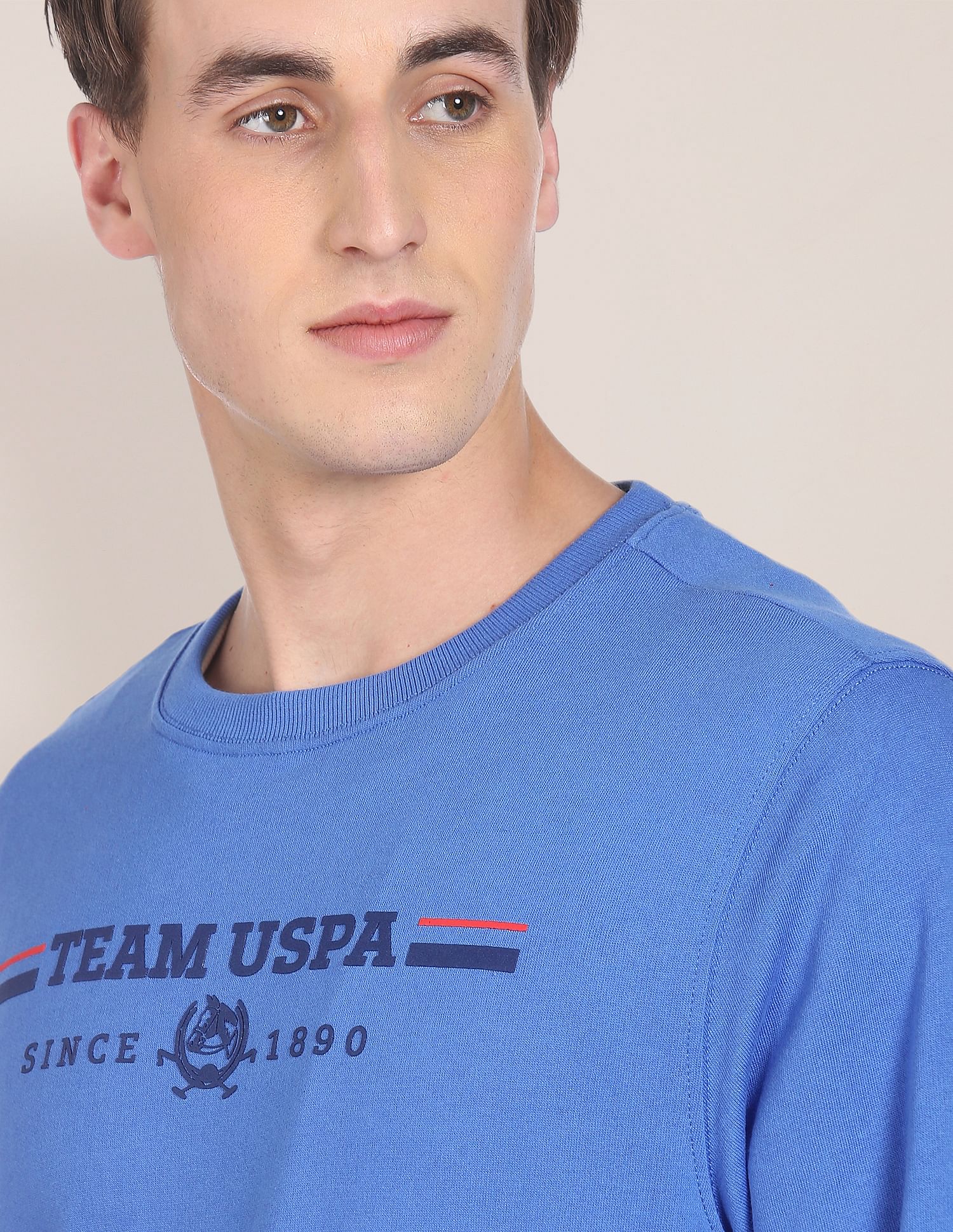 Men Blue Crew Neck Brand Print Sweatshirt Blue - U.S. POLO ASSN. | Large