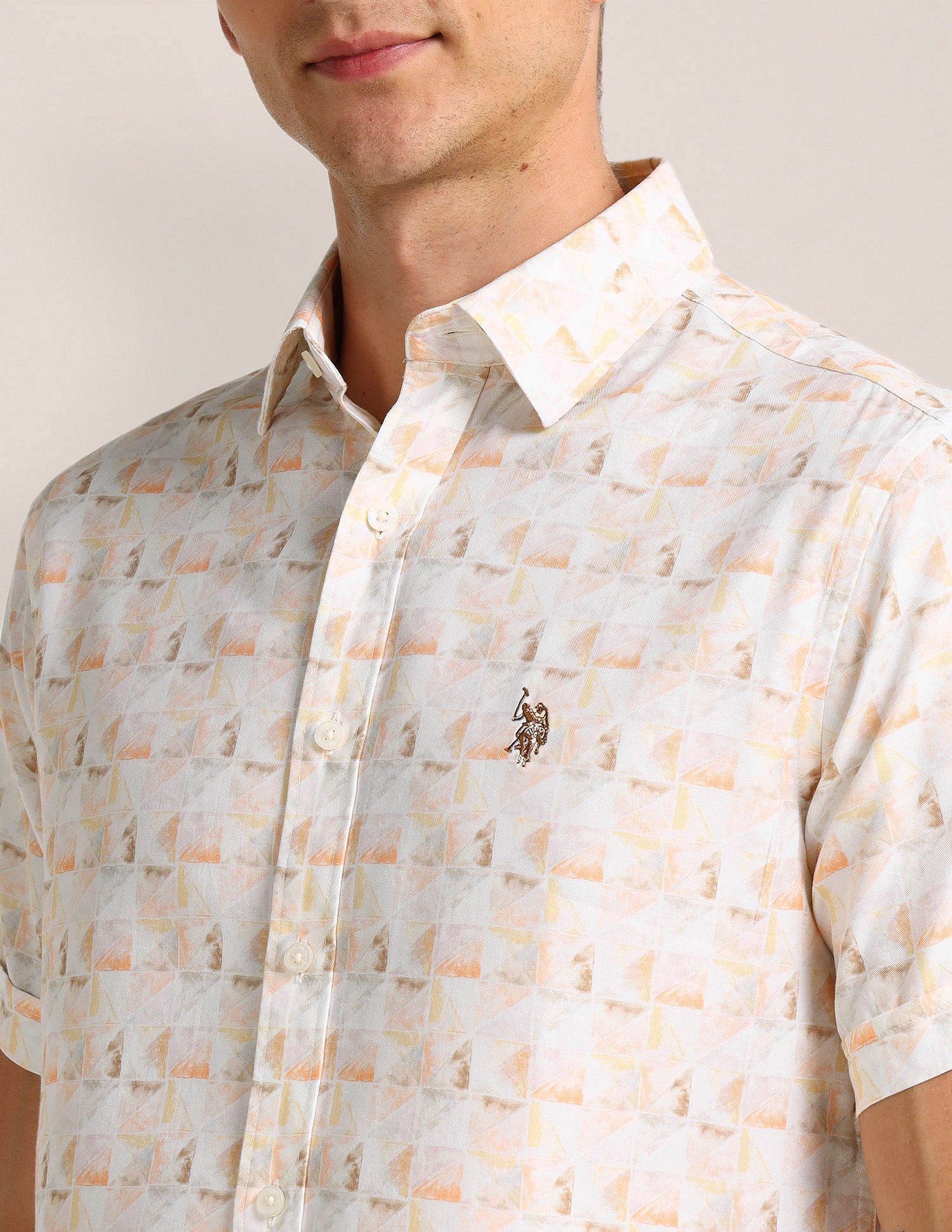 Geometric Print Regular Fit Shirt Peach - U.S. Polo Assn. India | Large