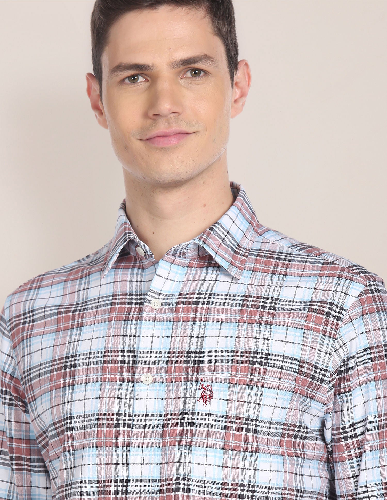 Spread Collar Plaid Check Shirt White and Rust - U.S. POLO ASSN. | Large