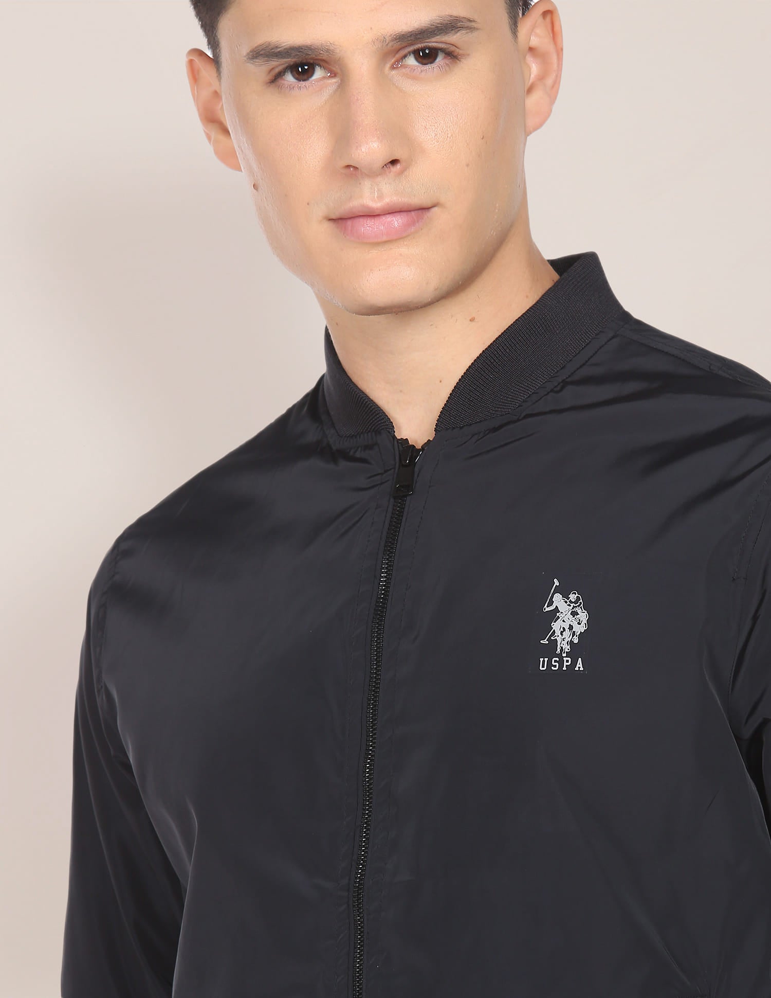 Men Black Solid Stand Collar Bomber Jacket Black - U.S. Polo Assn. India | Large
