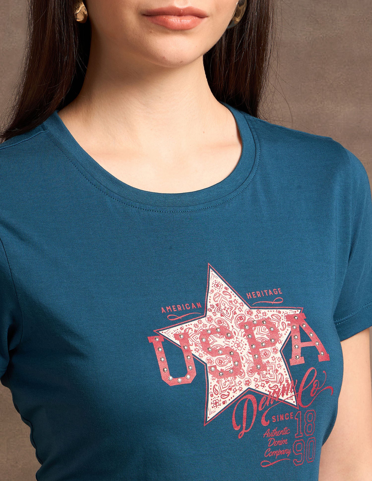 Stud Embellishment Cotton T-Shirt Teal - U.S. POLO ASSN. | Large