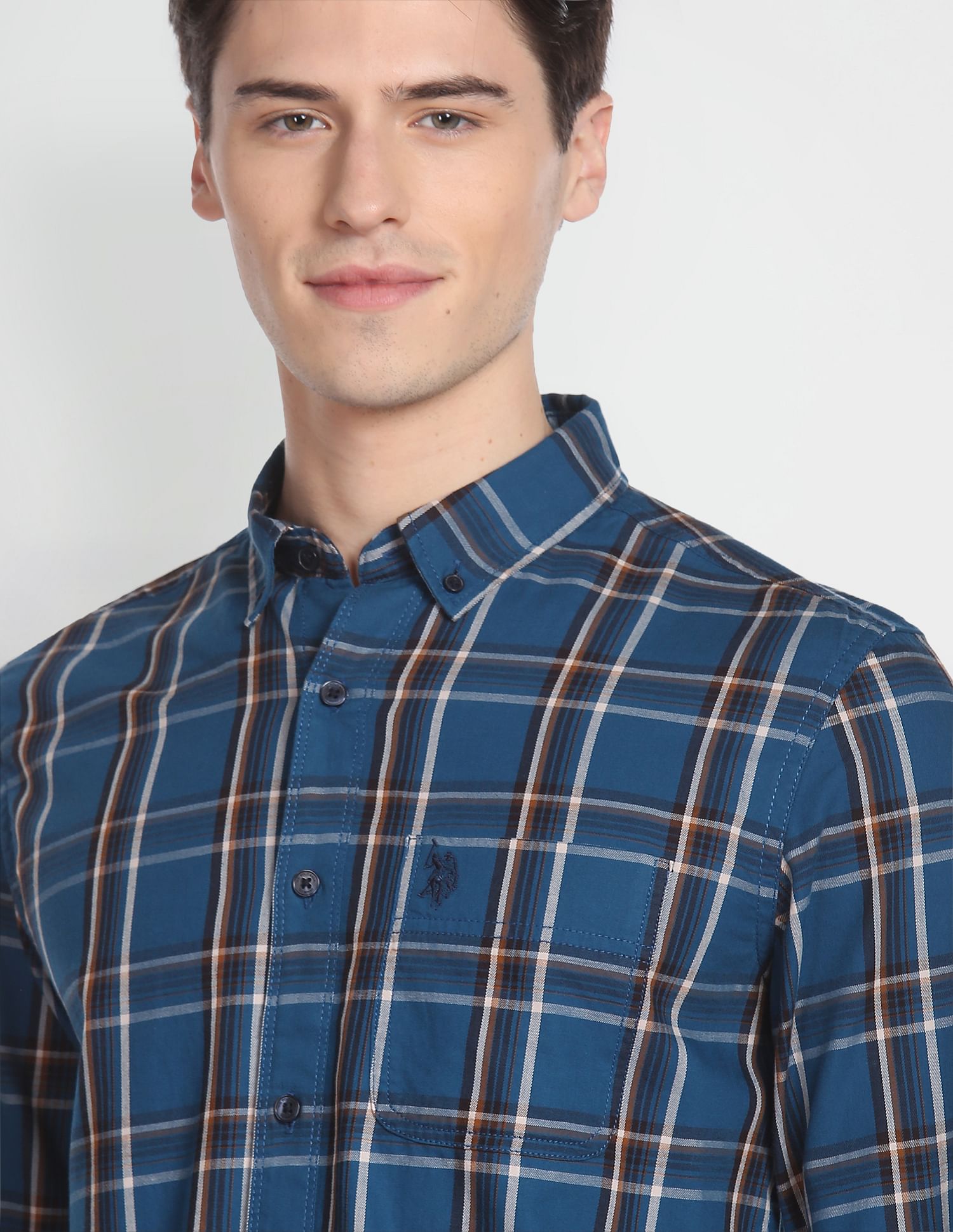 Button Down Collar Tartan Check Formal Shirt Blue - U.S. Polo Assn. India | Large