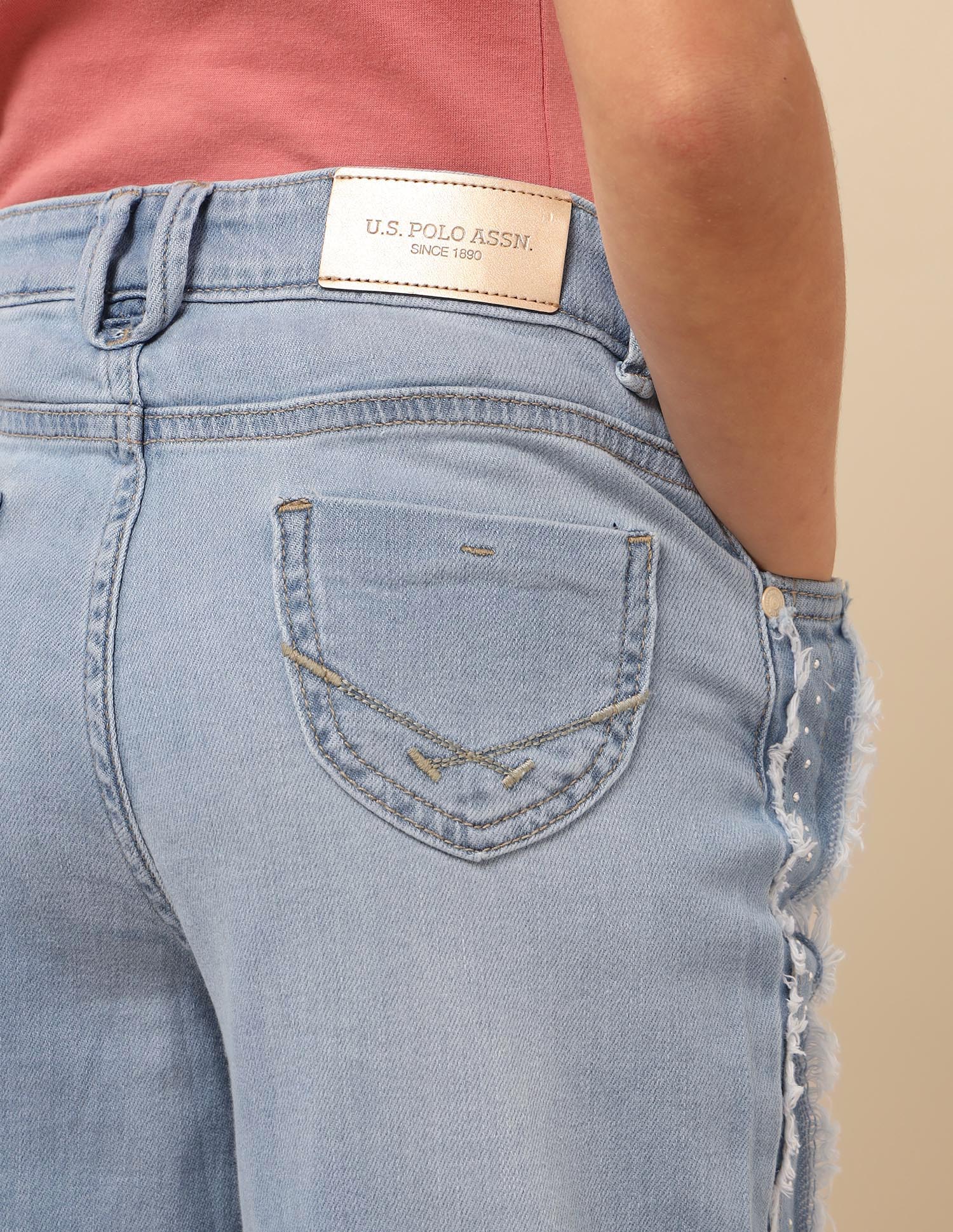 Girls Wide Leg Fit Stone Washed Jeans Light Blue - U.S. POLO ASSN. | Large