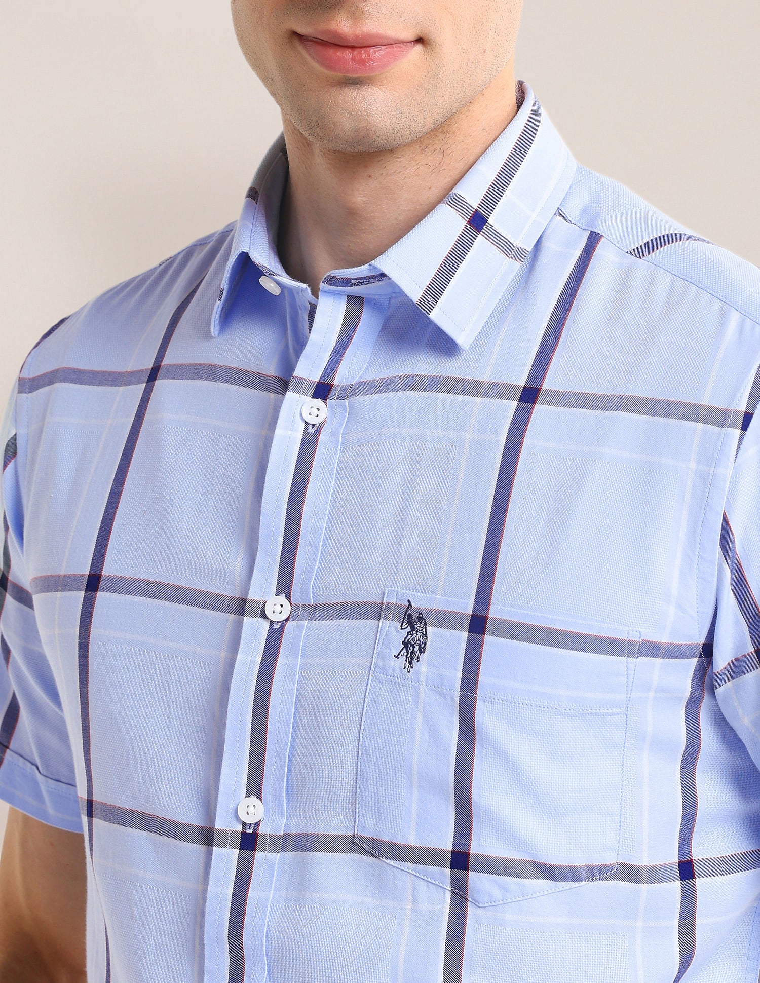 Tailored Fit Windowpane Checked Shirt Light-Blue - U.S. Polo Assn. India | Large