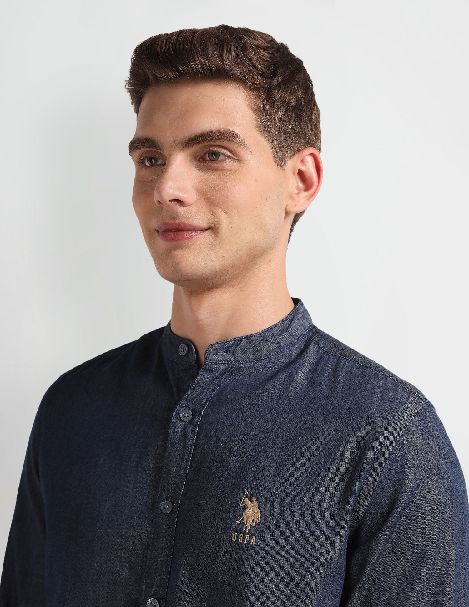 Mandarin Collar Denim Shirt Blue - U.S. Polo Assn. India | Large