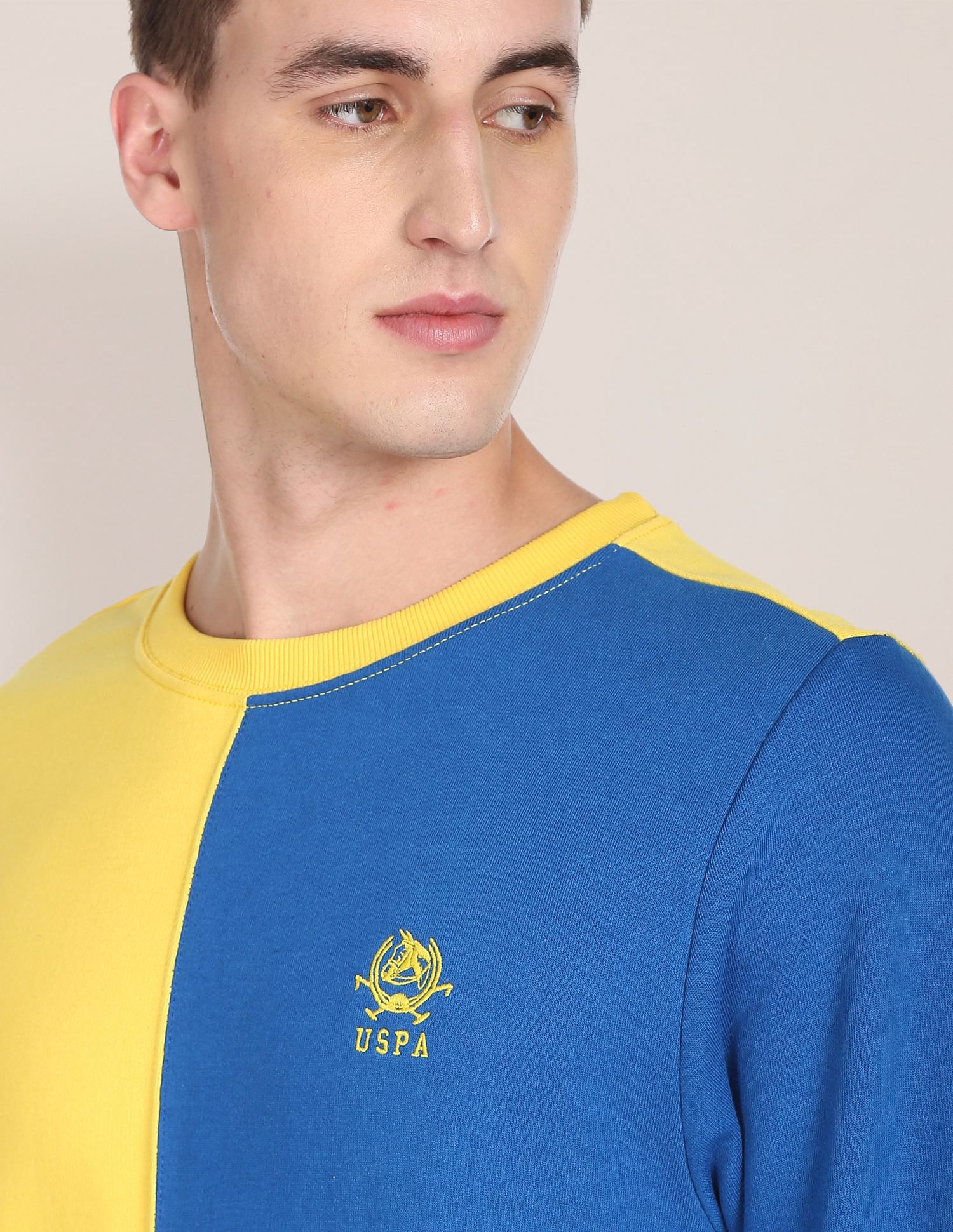 Colour Block Crew Neck Sweatshirt Yellow and Blue - U.S. Polo Assn. India | Large