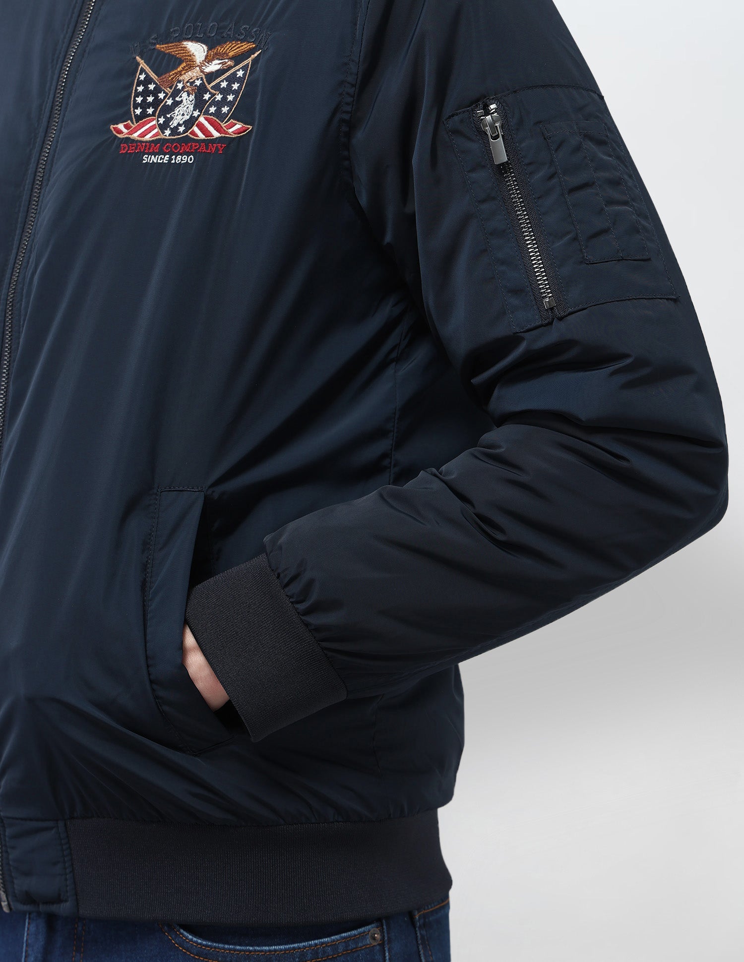 Solid Regular Fit Bomber Jacket Navy - U.S. Polo Assn. India | Large