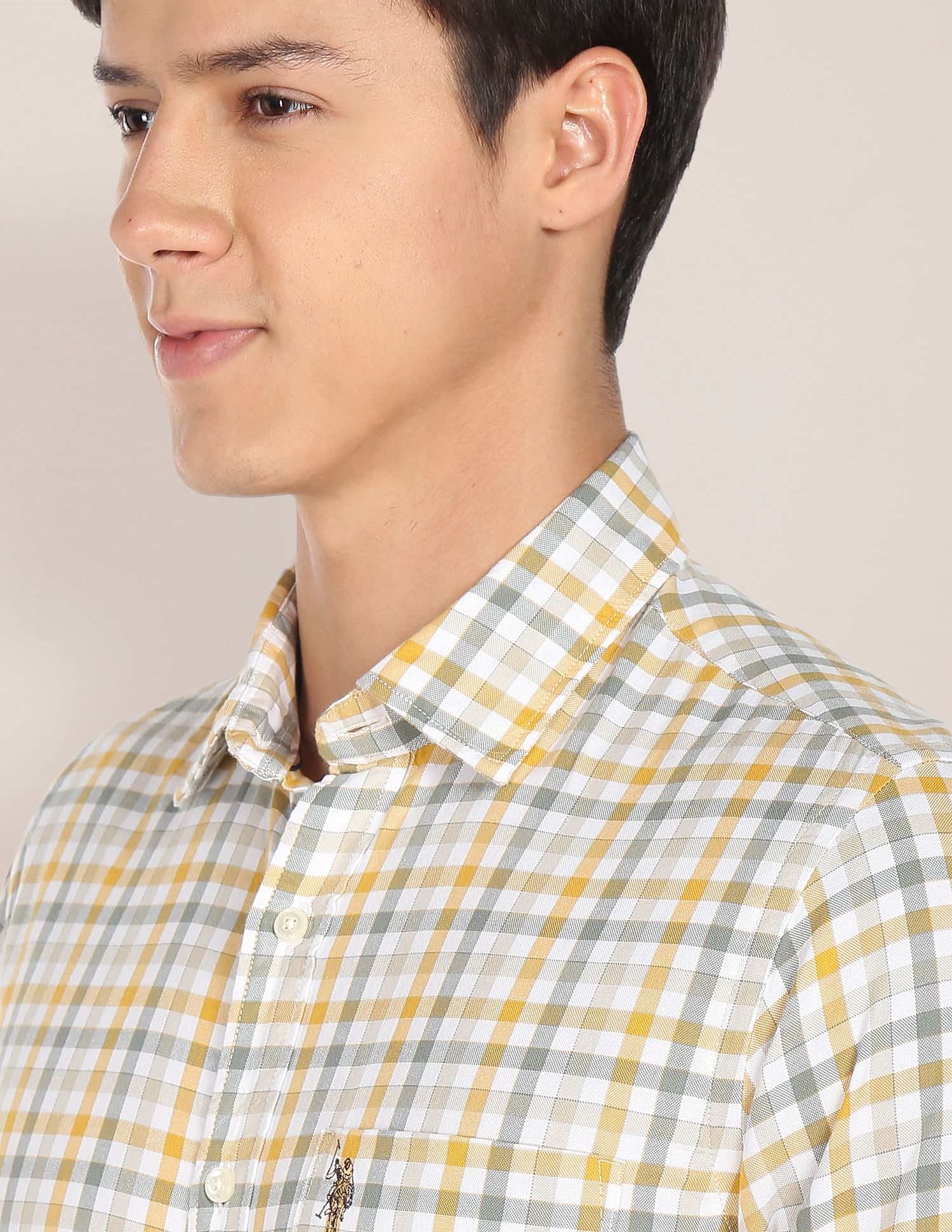 Grid Tattersall Check Cotton Casual Shirt Mustard and Green - U.S. POLO ASSN. | Large