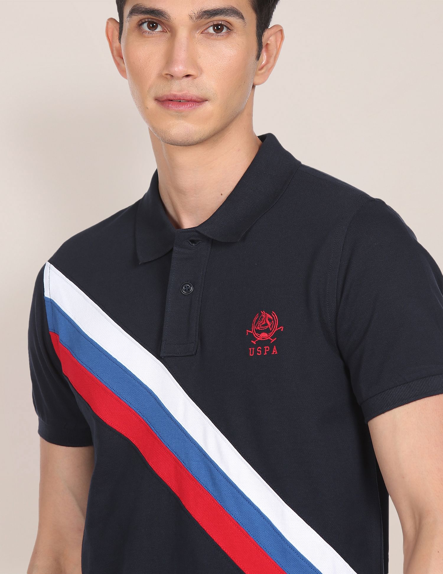 Men Navy Ribbed Collar Striped Polo Shirt Navy - U.S. POLO ASSN. | Large