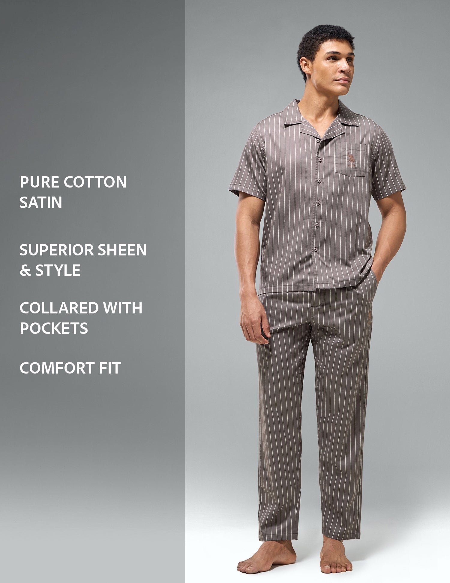 Pure Cotton Striped OESS03 Sleep Set Dark Brown - U.S. Polo Assn. India | Large