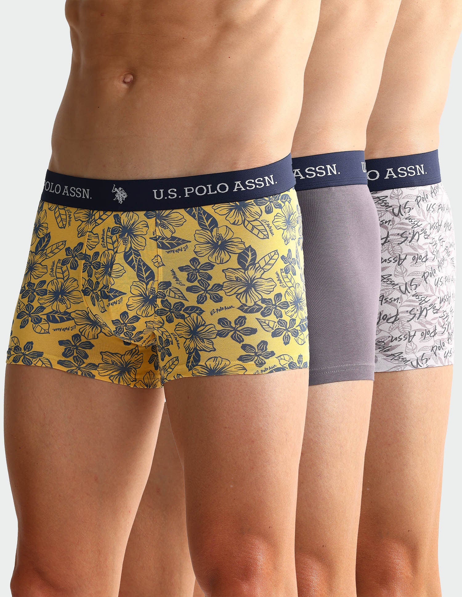 Elastic Waistband Ribbed OET08 Trunks - Pack Of 3 Grey, White, and Yellow - U.S. POLO ASSN. | Large