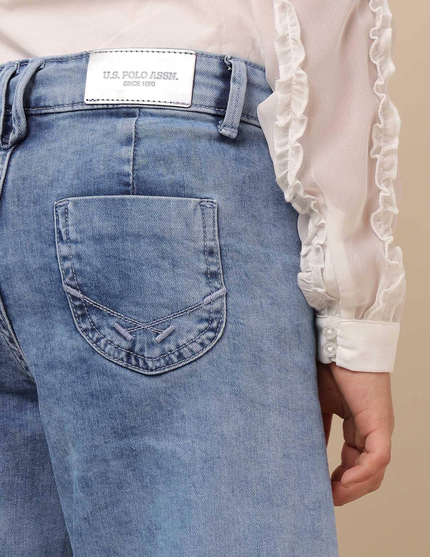 Girls Stone Washed Wide Leg Fit Jeans Blue - U.S. POLO ASSN. | Large