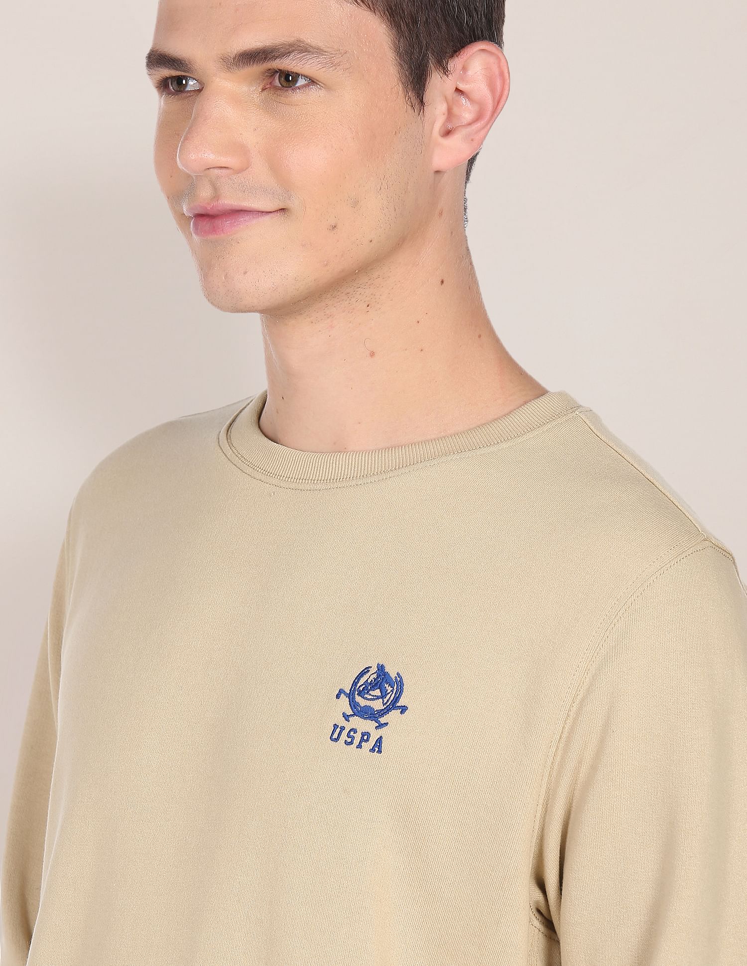 Men Beige Logo Embroidered Crew Neck Sweatshirt Beige - U.S. Polo Assn. India | Large