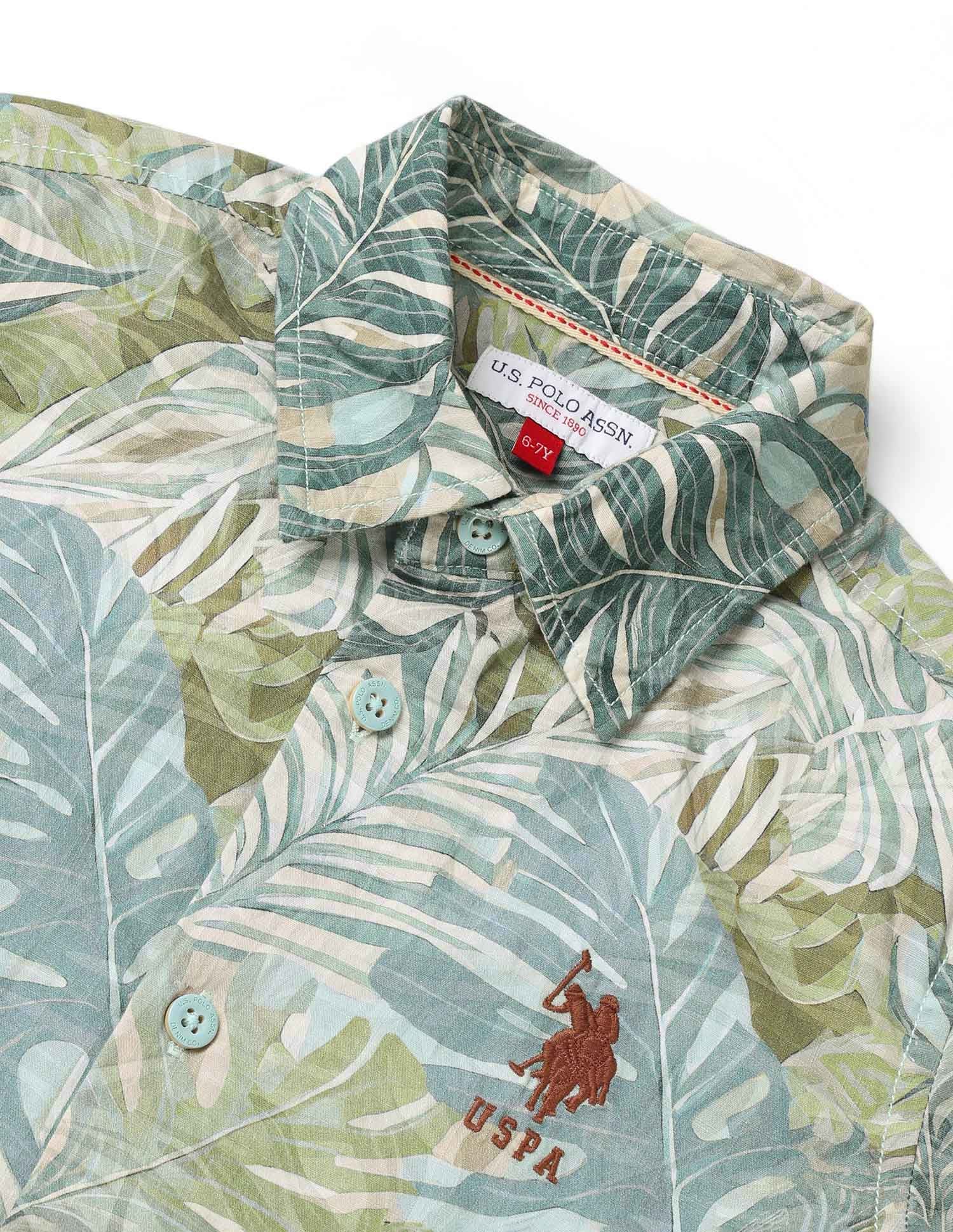 Boys Tropical Printed Regular Fit Shirt Green - U.S. POLO ASSN. | Large