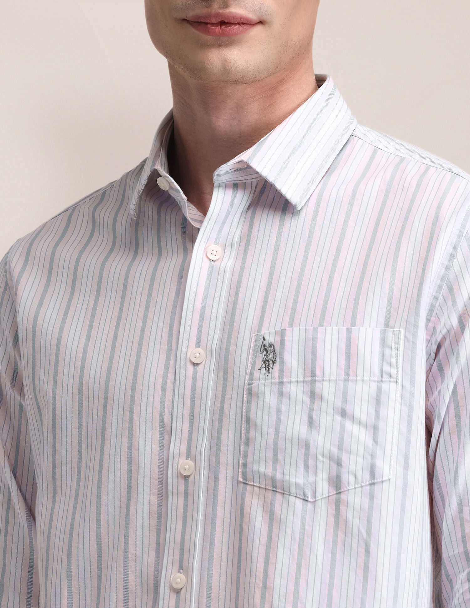 Vertical Striped Tailored Fit Shirt Light Pink and Grey - U.S. Polo Assn. India | Large