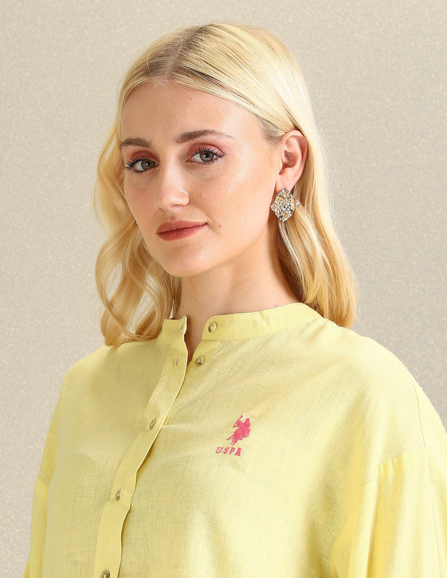 Mandarin Collar Viscose Linen Shirt Yellow - U.S. POLO ASSN. | Large