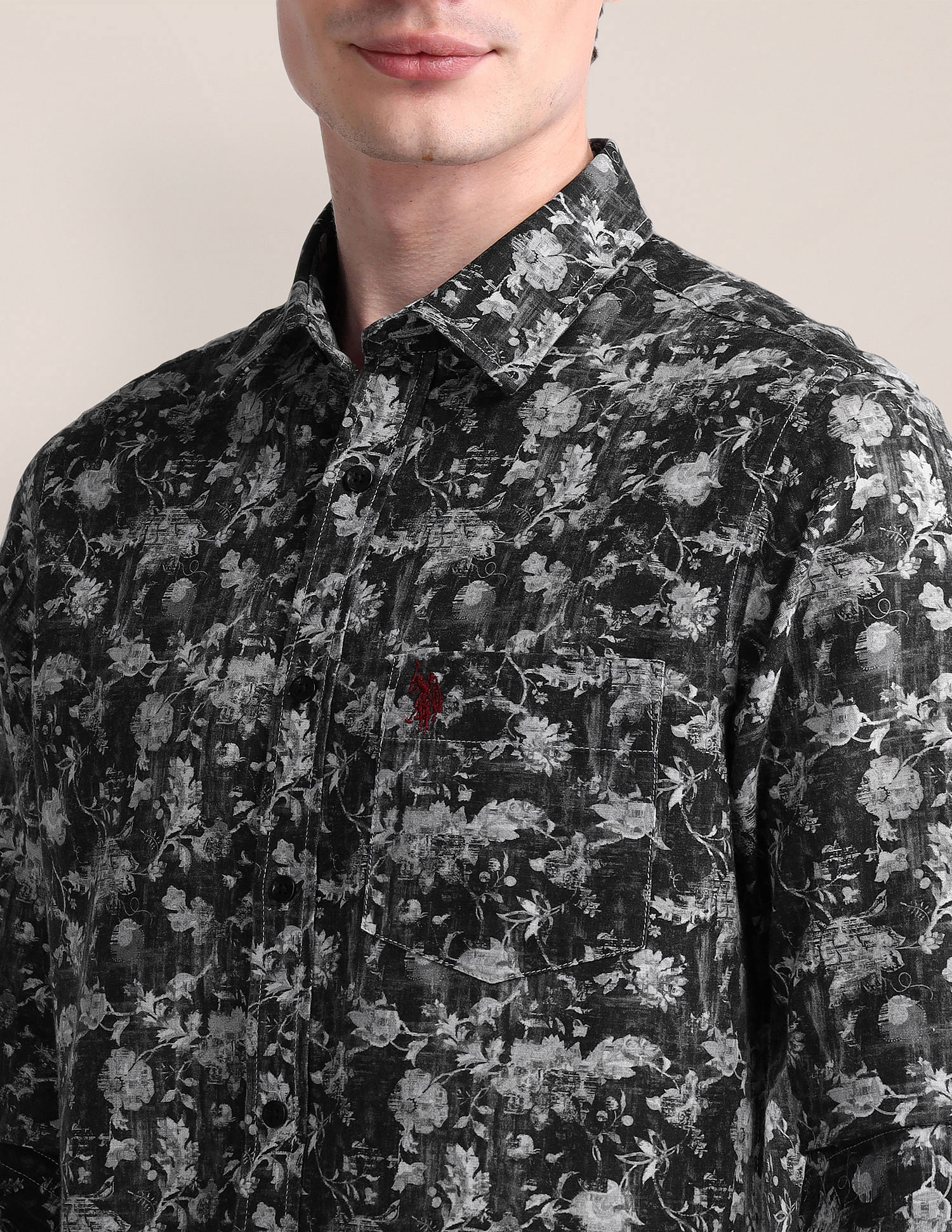 Tailored Fit Floral Shirt Charcoal-Grey - U.S. Polo Assn. India | Large