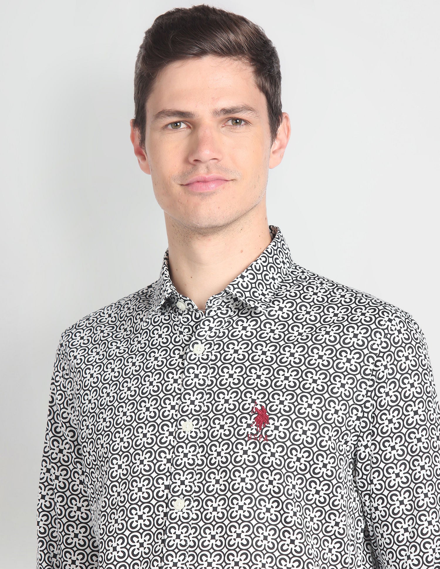 Cutaway Collar Motif Print Shirt Black and Ivory - U.S. POLO ASSN. | Large
