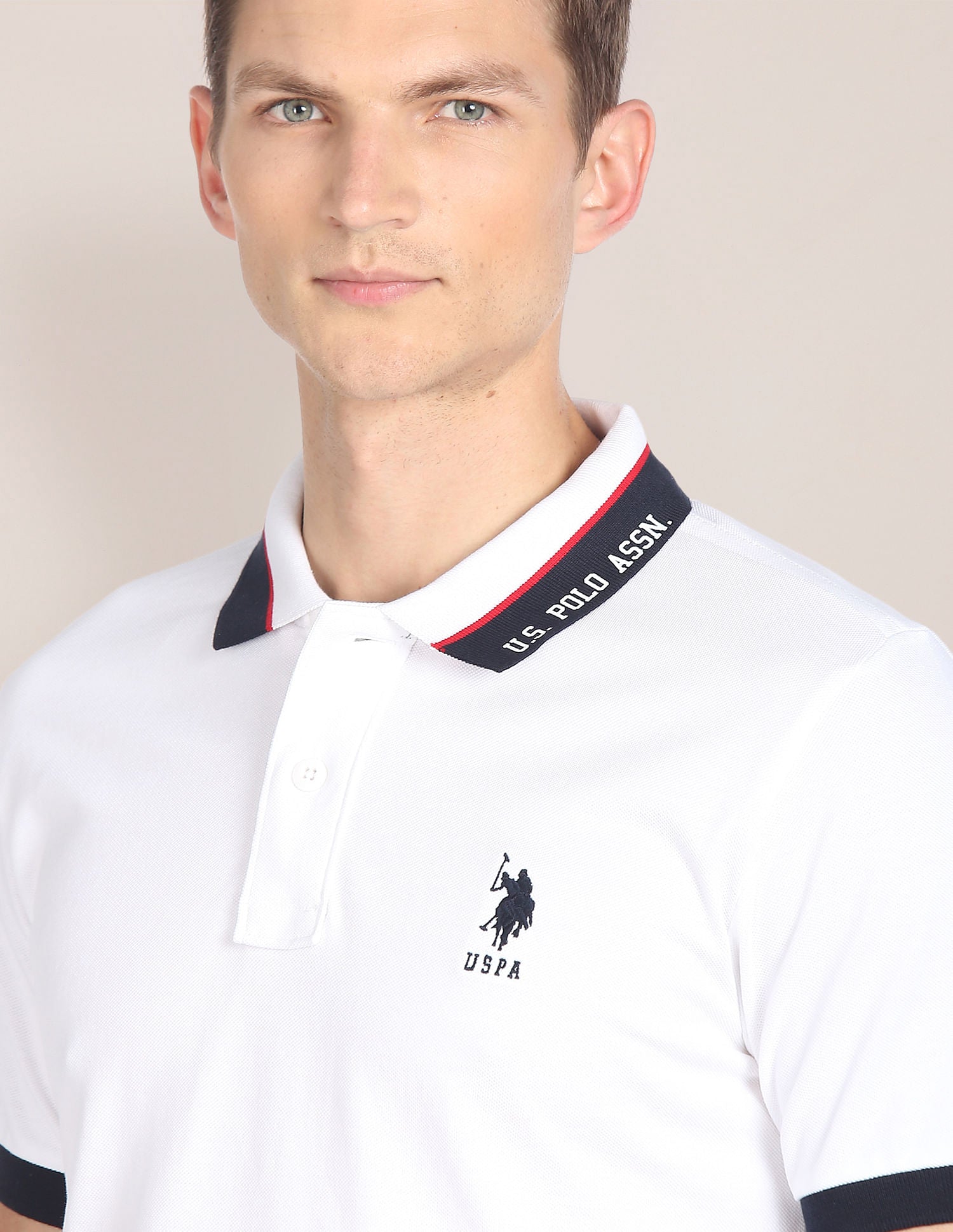 Printed Collar Pure Cotton Polo Shirt White - U.S. POLO ASSN. | Large