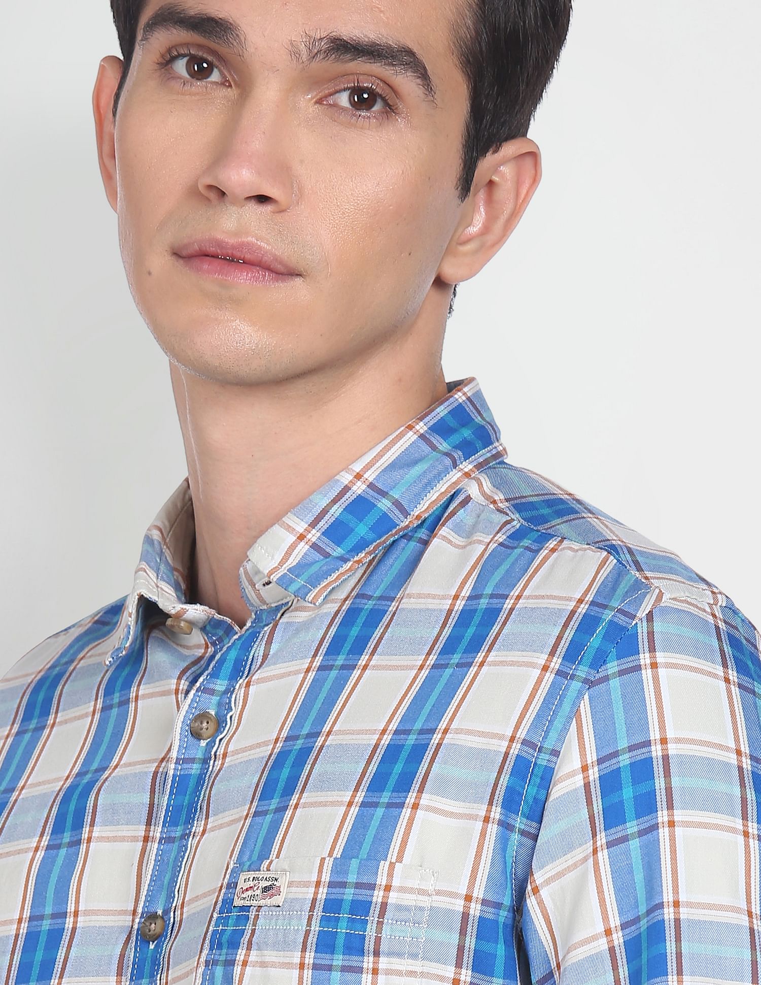 Men Beige And Blue Twill Weave Plaid Check Casual Shirt Beige and Blue - U.S. POLO ASSN. | Large