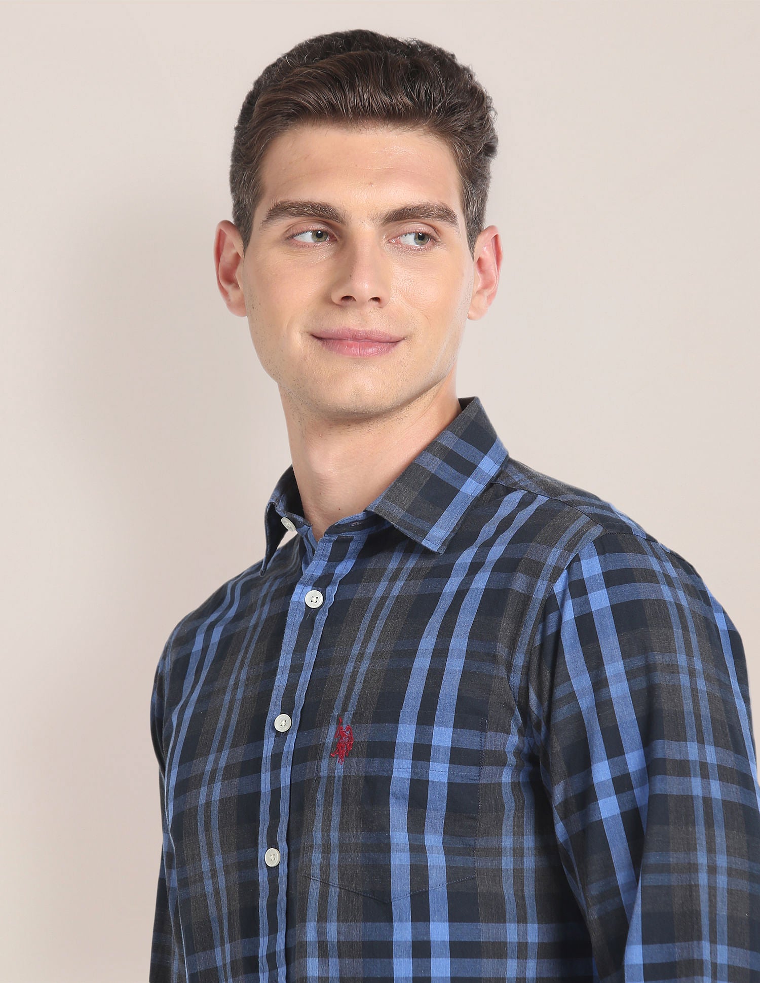 Tartan Check Cotton Shirt Dark Grey and Blue - U.S. Polo Assn. India | Large