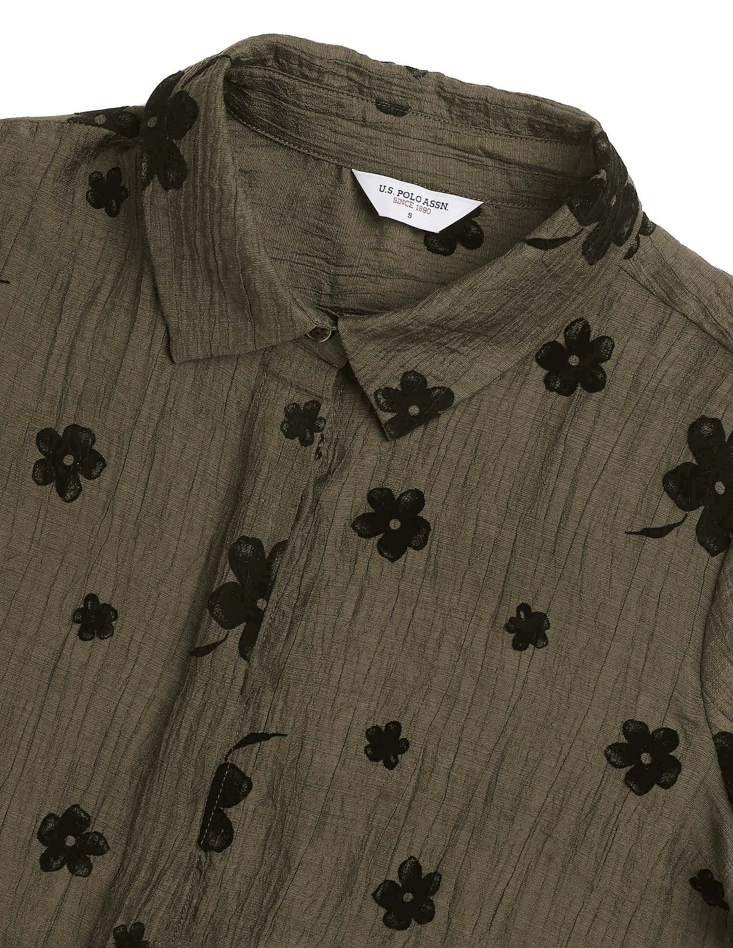 Semi-Sheer Floral Flock Shirt Brown - U.S. POLO ASSN. | Large