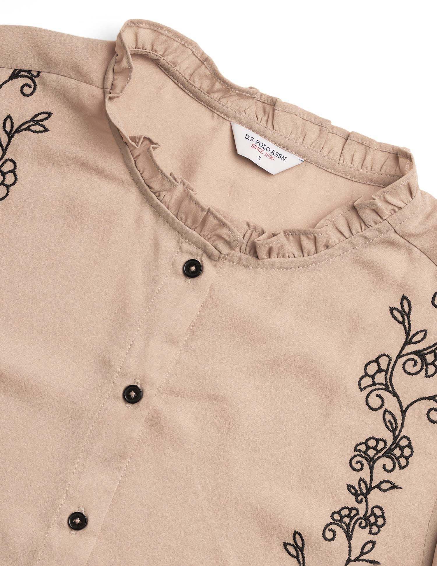Floral Embroidered Ruffle Top Beige - U.S. POLO ASSN. | Large