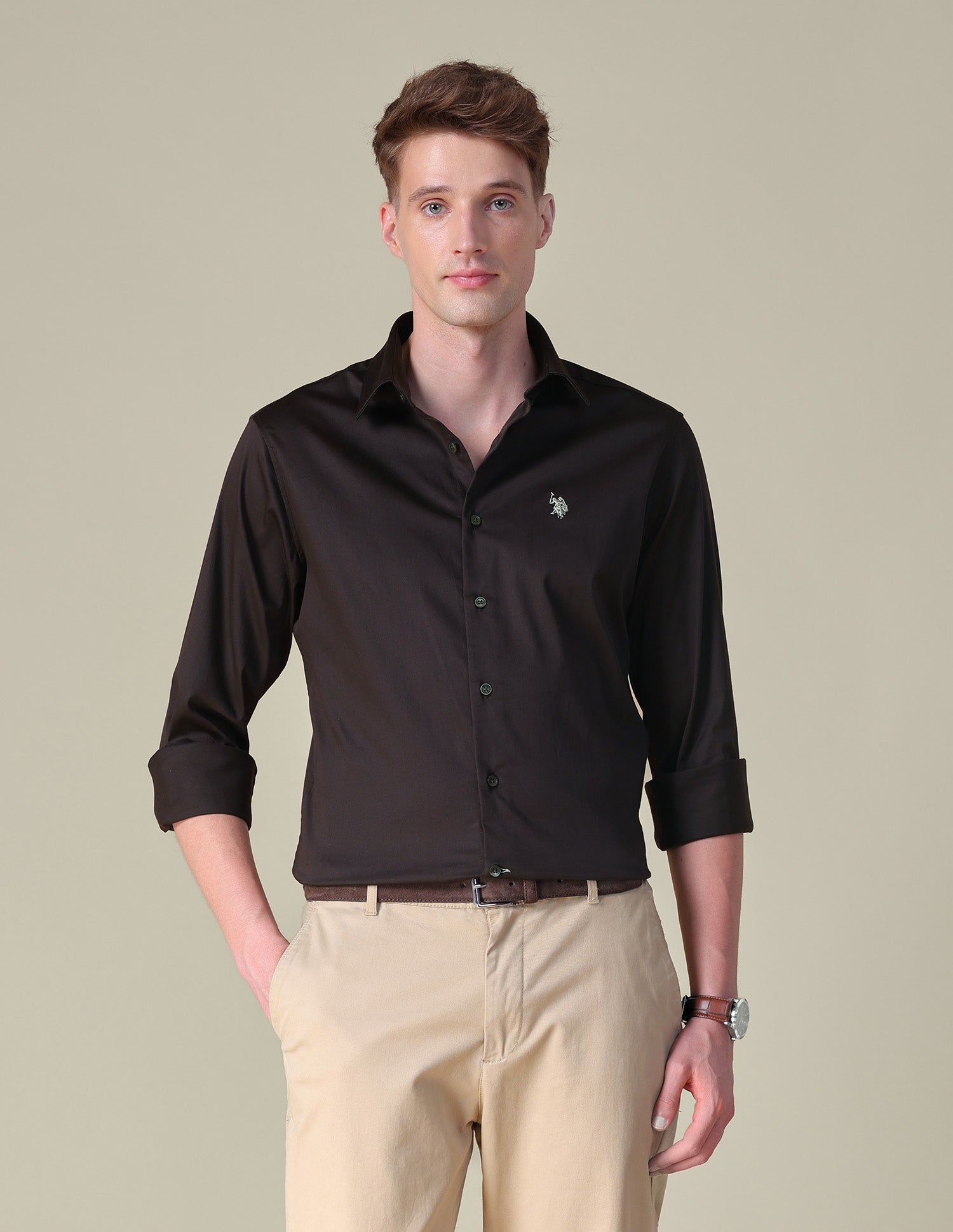 Satin Tailored Fit Shirt Choco - U.S. POLO ASSN. | Large