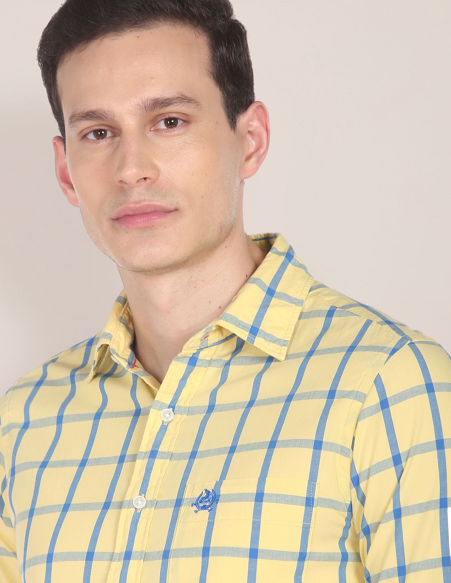Men Yellow Windowpane Check Tailored Regular Fit Casual Shirt Yellow - U.S. Polo Assn. India | Large