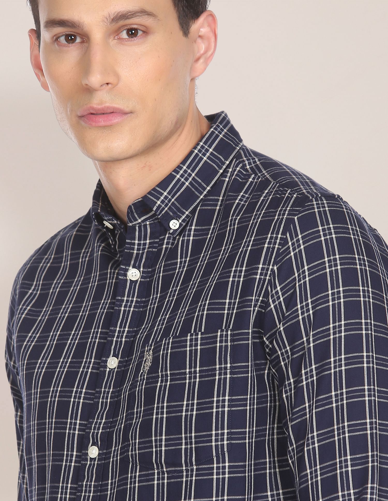 Men Navy Button Down Collar Check Casual Shirt Navy - U.S. POLO ASSN. | Large