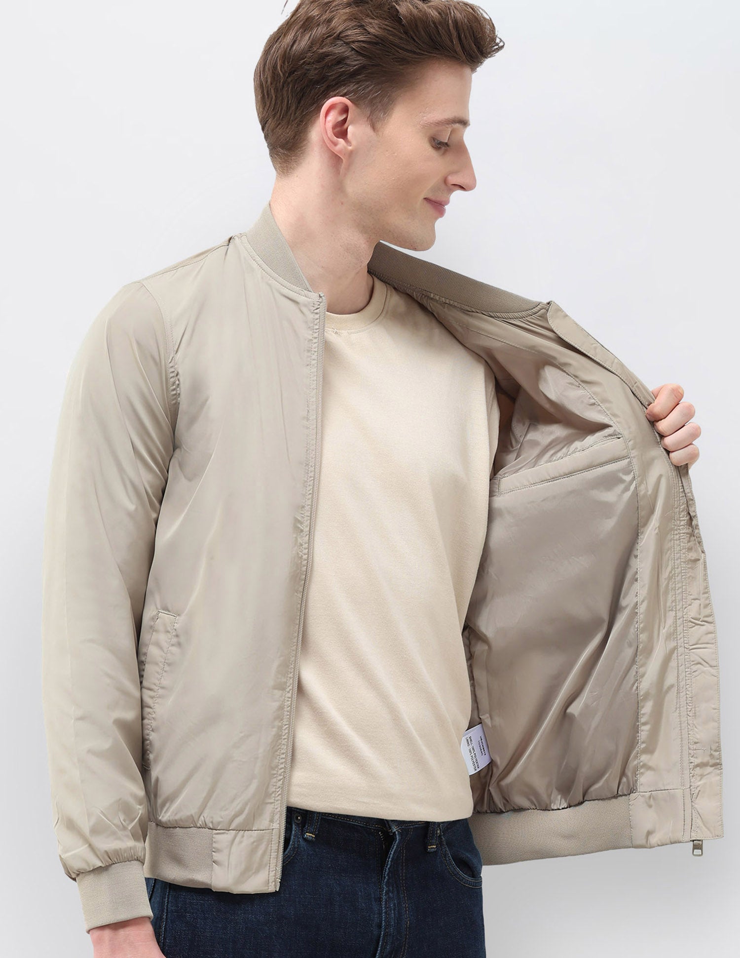 Solid Regular Fit Bomber Jacket Ecru - U.S. Polo Assn. India | Large