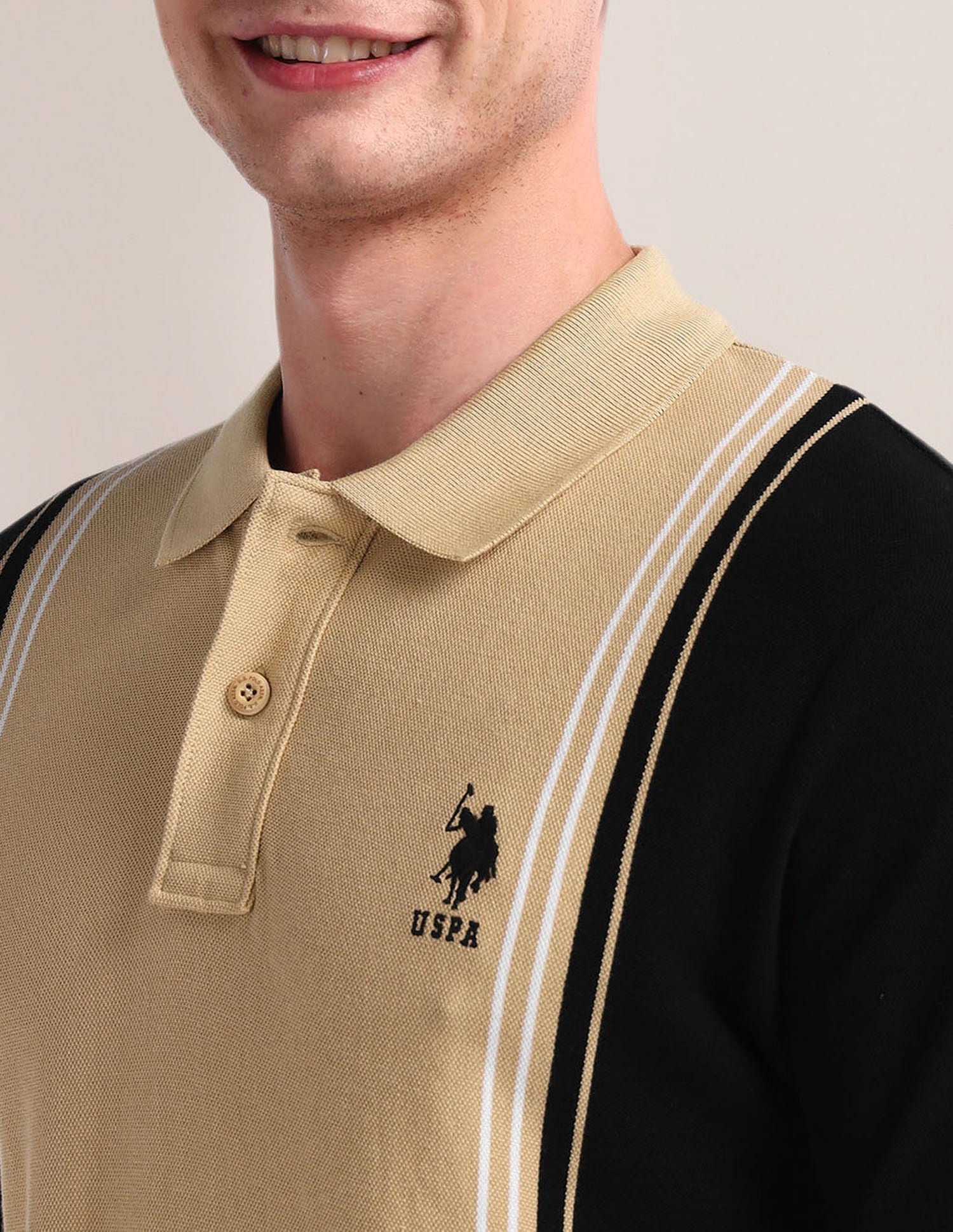 Colour Block Pique Polo Shirt Beige and Black - U.S. Polo Assn. India | Large