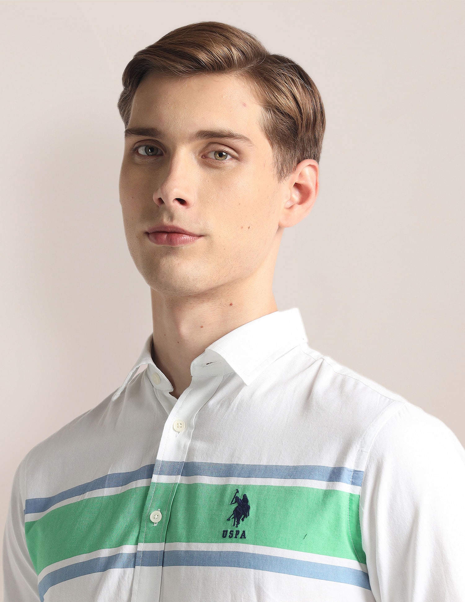 Horizontal Stripe Pinpoint Oxford Shirt White and Light Green - U.S. Polo Assn. India | Large