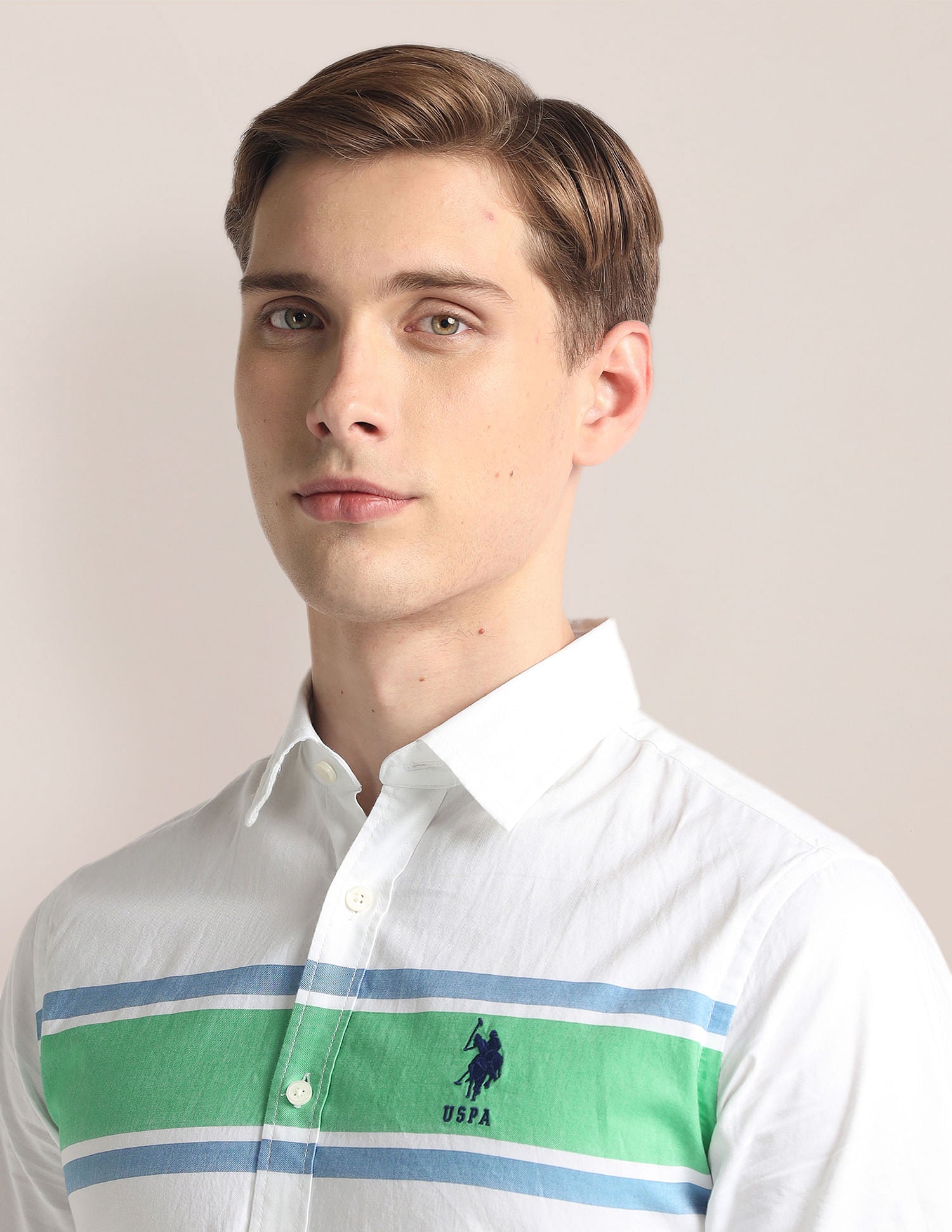 Horizontal Stripe Pinpoint Oxford Shirt White and Green - U.S. Polo Assn. India | Large