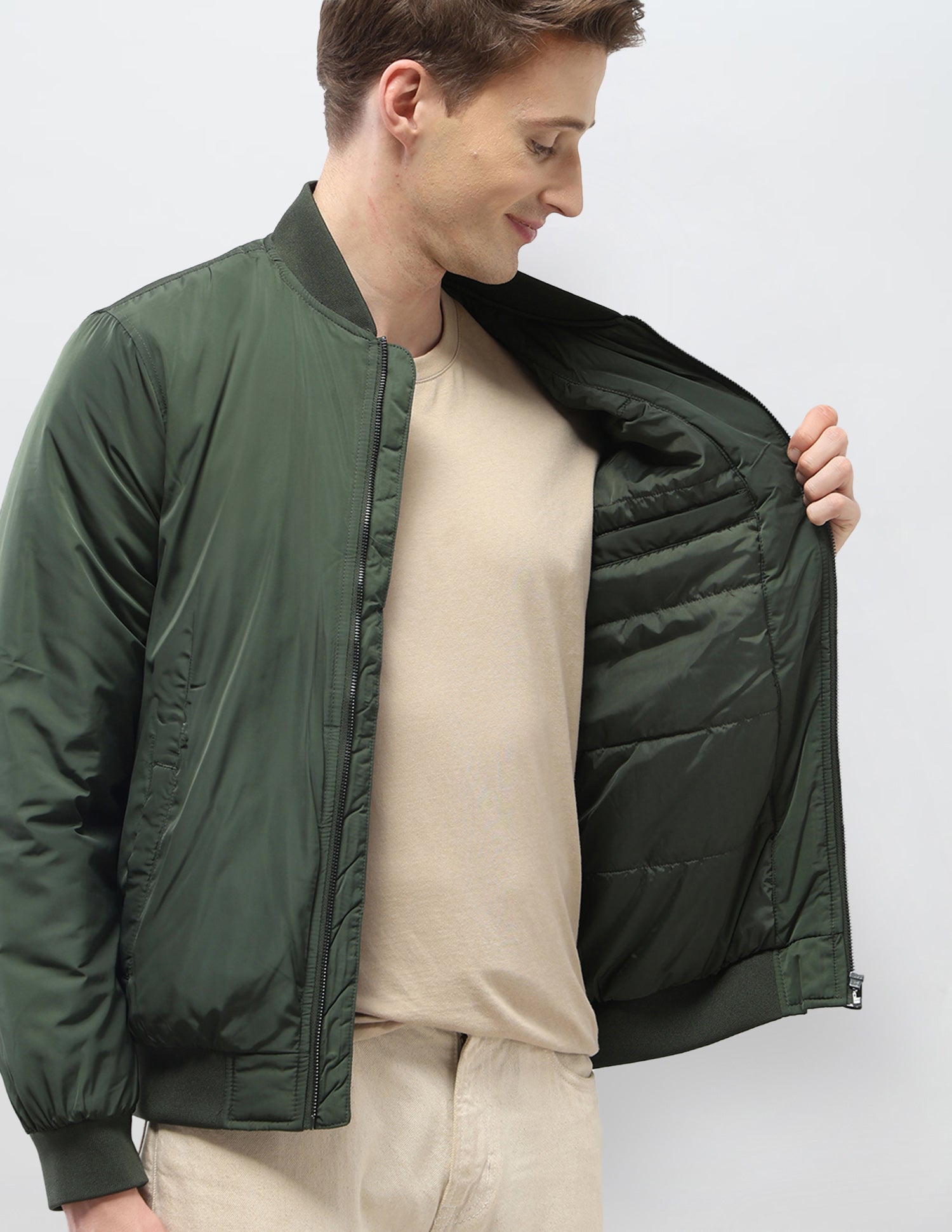Solid Regular Fit Bomber Jacket Olive - U.S. Polo Assn. India | Large
